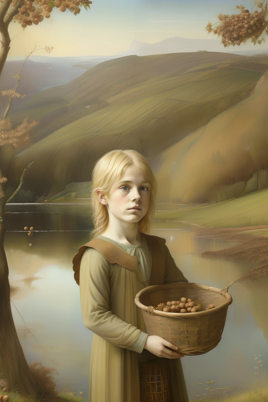 (((Pre-Raphaelite painting of a small Celtic blonde boy happy hazelnut tree, aveleira, with a basket of hazelnuts by a lake, paisagem celta)))