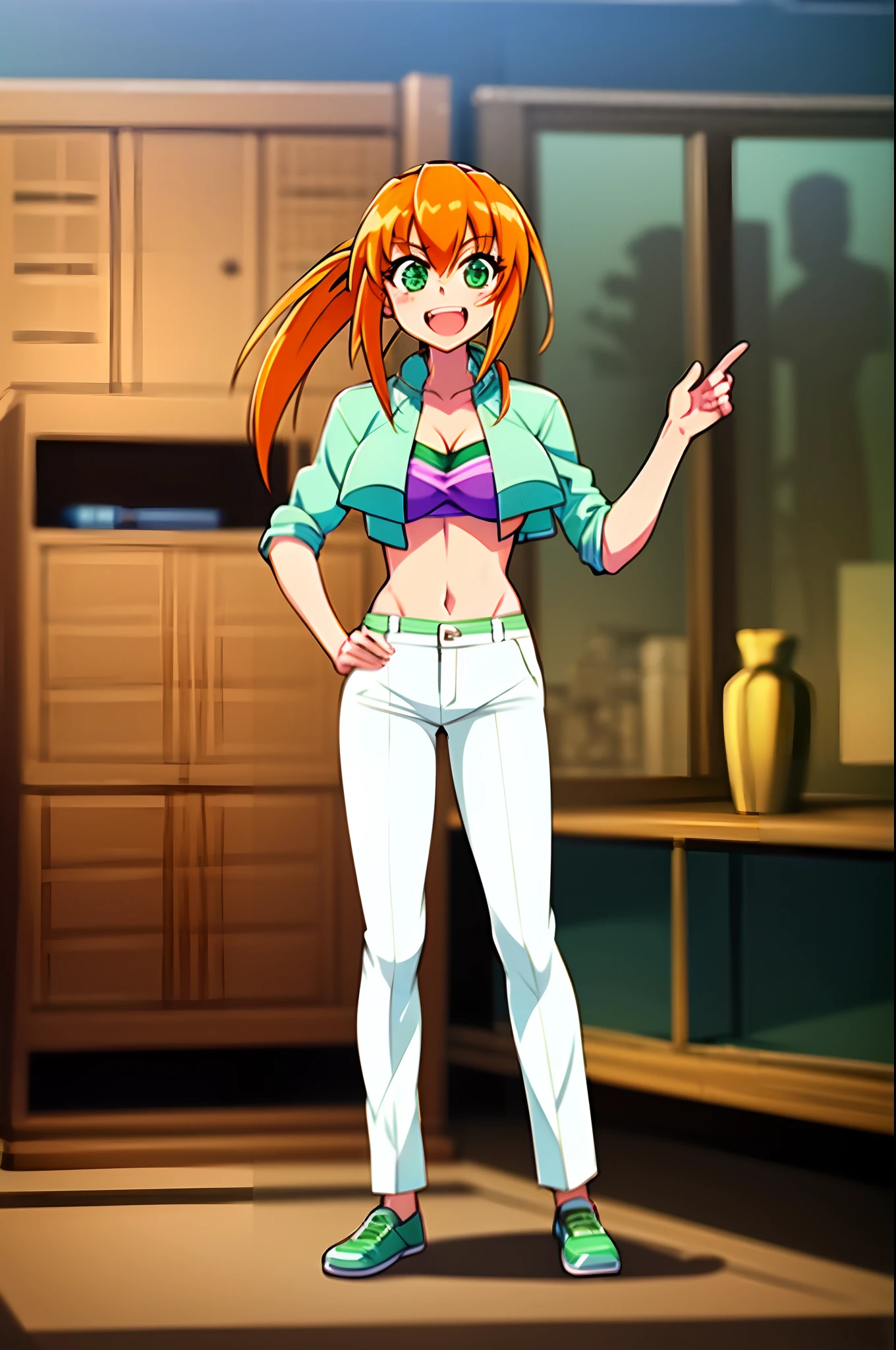 excel, orange hair, smile, fang, open mouth, green eyes,standing, medium breast, pants, pullover, ponytail, full body