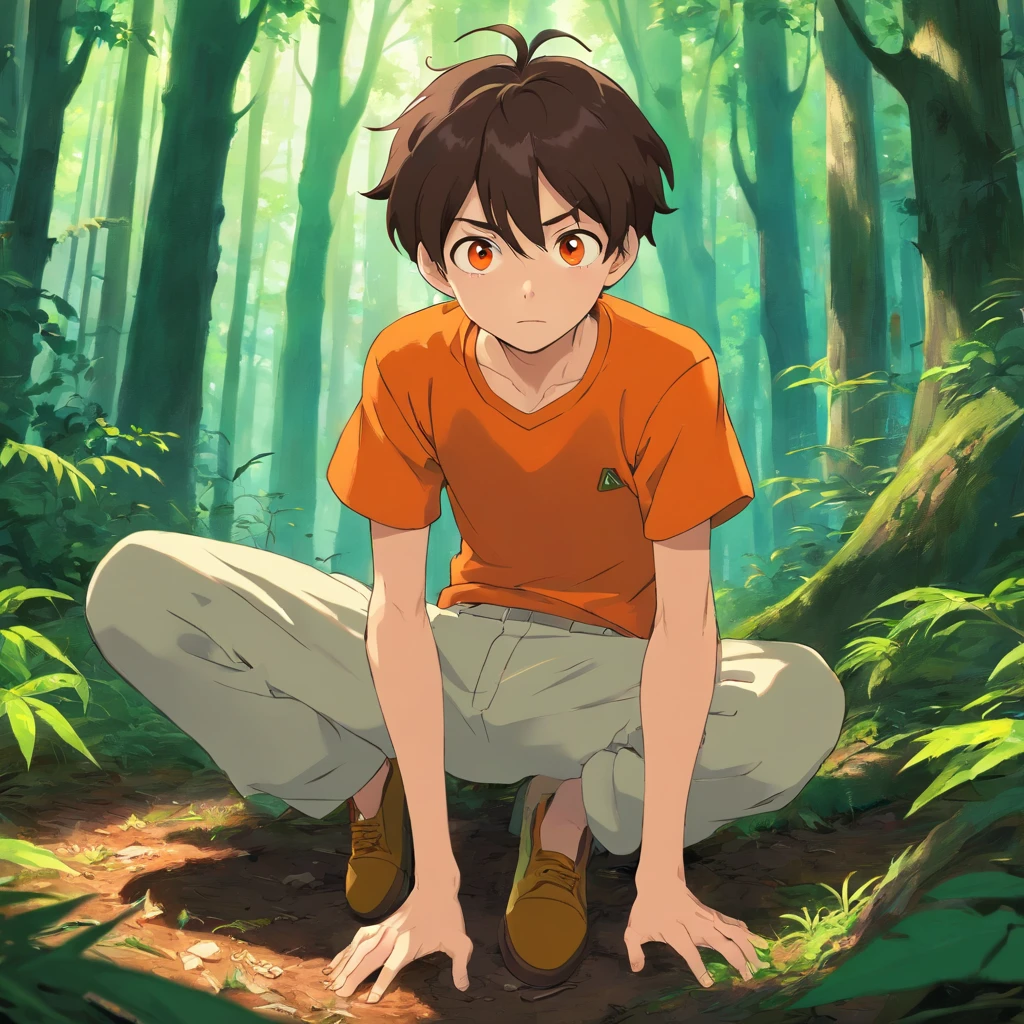 a ******* boy with short dark brown hair and bright orange eyes, he is on the ground, the setting is a forest, he looks up at the camera horrified and scared, he is wearing a torn up and dirty shirt, cinematic