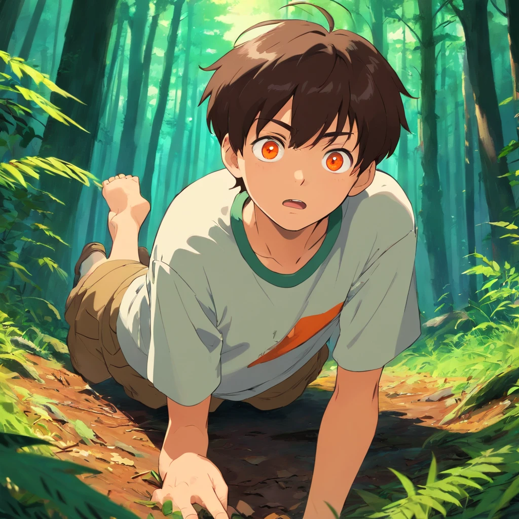a teenage boy with short dark brown hair and bright orange eyes, he is on the ground, the setting is a forest, he looks up at the camera horrified and scared, he is wearing a torn up and dirty shirt, cinematic