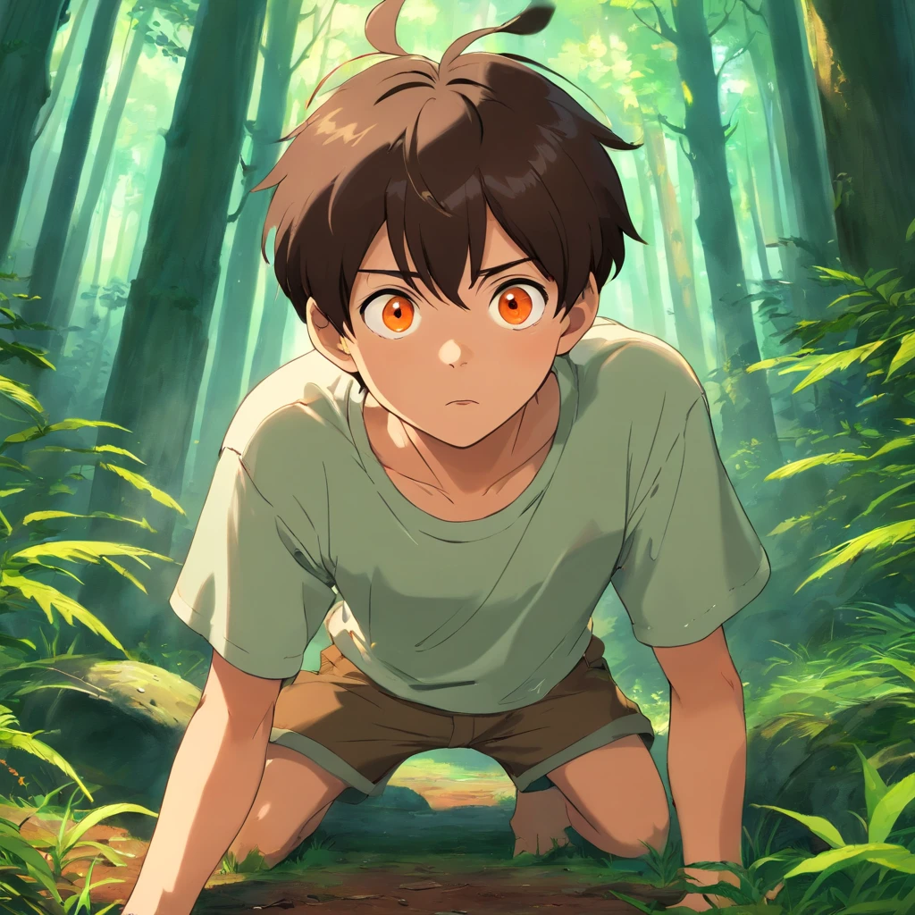 a teenage boy with short dark brown hair and bright orange eyes, he is on the ground, the setting is a forest, he looks up at the camera horrified and scared, he is wearing a torn up and dirty shirt, cinematic