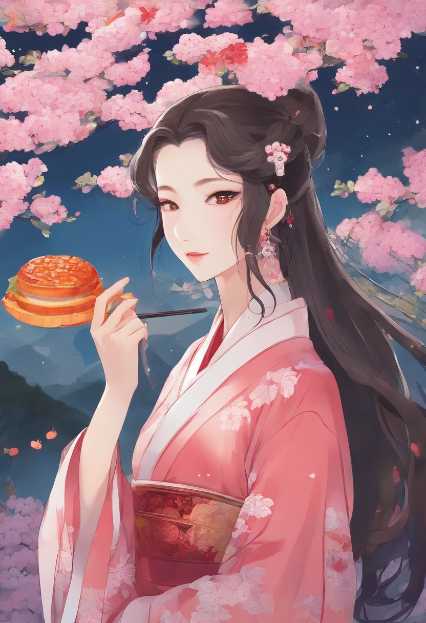Masterpiece, Best quality, Night, full moon, Mid-Autumn Festival,1 Mature woman eats mooncakes, Chinese style, Ancient China, Imperial sister, Smile, Dark brown hair, Dark hair, Princess cut, Fried dough twisted braid, Coiled hair, Double ball head, Light pink lips, calm, Intellectual, mid hair, Green eyes, Hairpin, hydrangea, Fine face, facial closeups, Close-up of the hand, Clothes in red