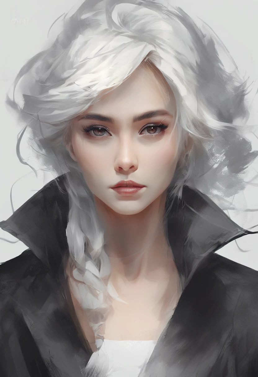 (best quality,4k,8k,highres,masterpiece:1.2), ultra-detailed, (realistic,photorealistic,photo-realistic:1.37), (Style by NTY:1.4), a woman, black shirt, white hair, intricate, dark,