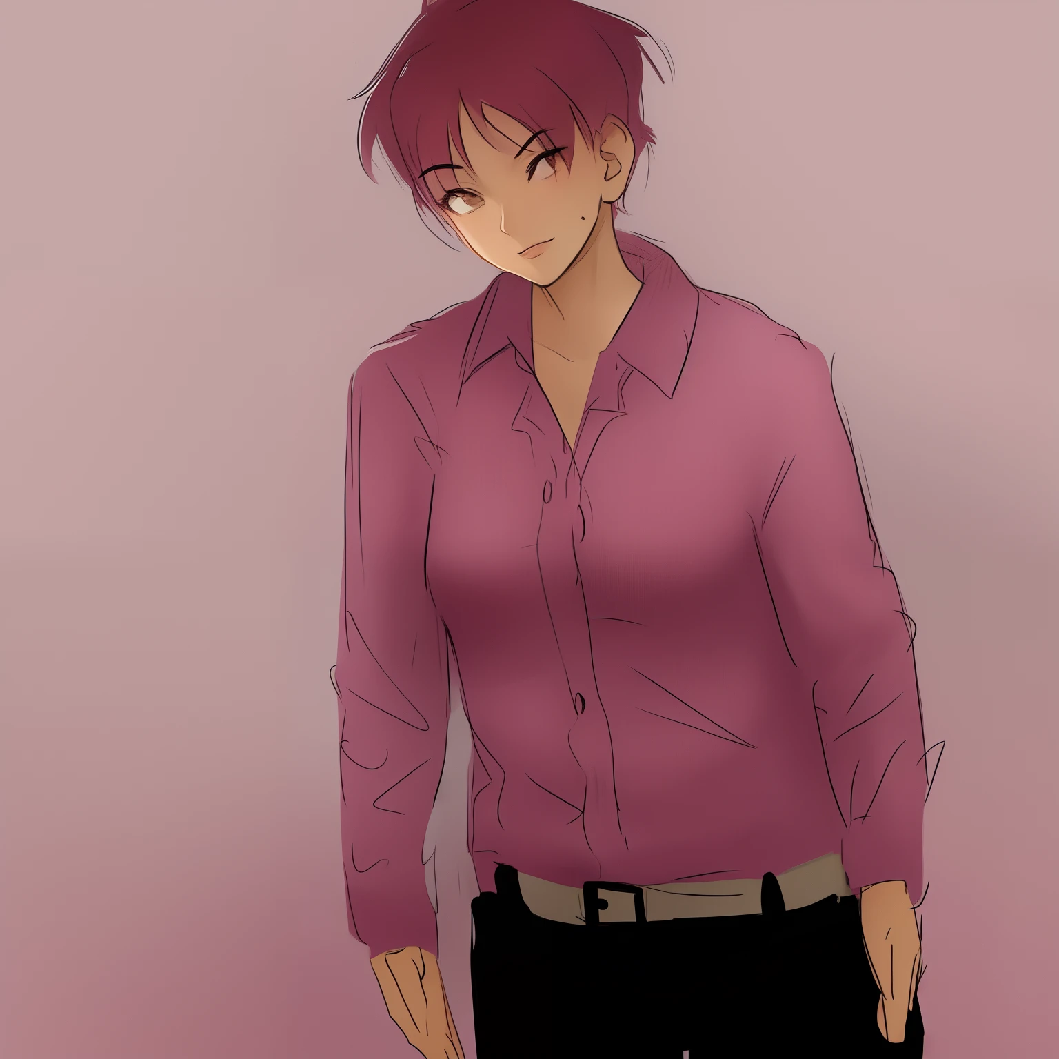 anime drawing of a woman in a pink shirt and black pants, young anime woman, male anime character, handsome anime character