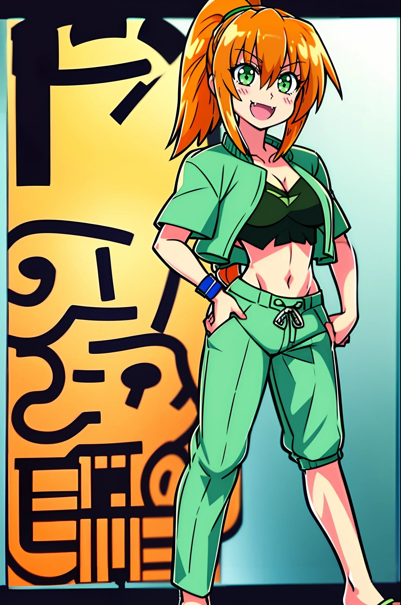 excel, orange hair, smile, fang, open mouth, green eyes,standing, medium breast, pants, pullover, ponytail, full body, flipflops