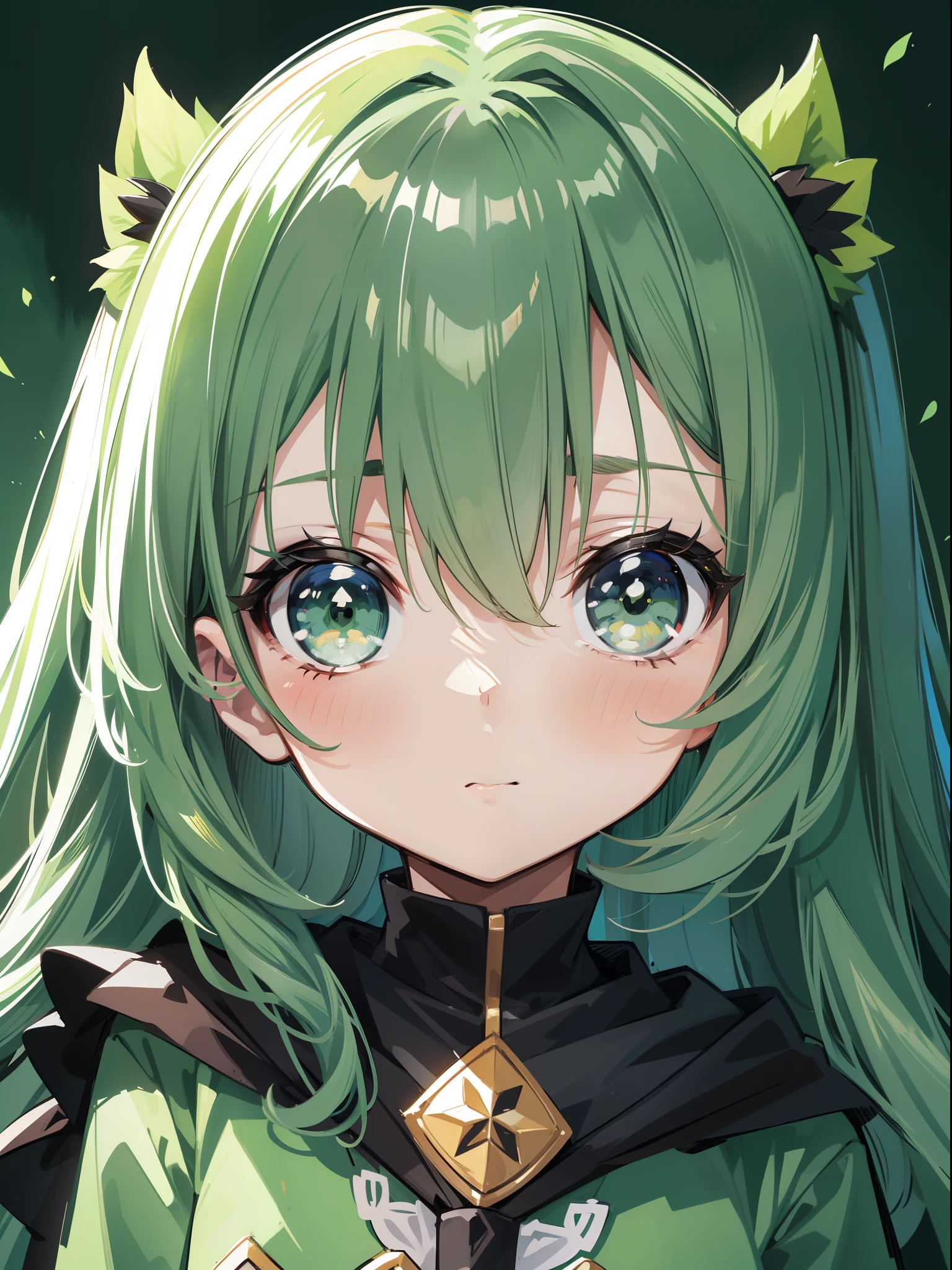 character portrait closeup,sketching,.tchibi,Kawaii little girl, Green long hair,Dark green pupils, tilts your head,avatar close up,grieves,Green forest background,Detailed facial depiction