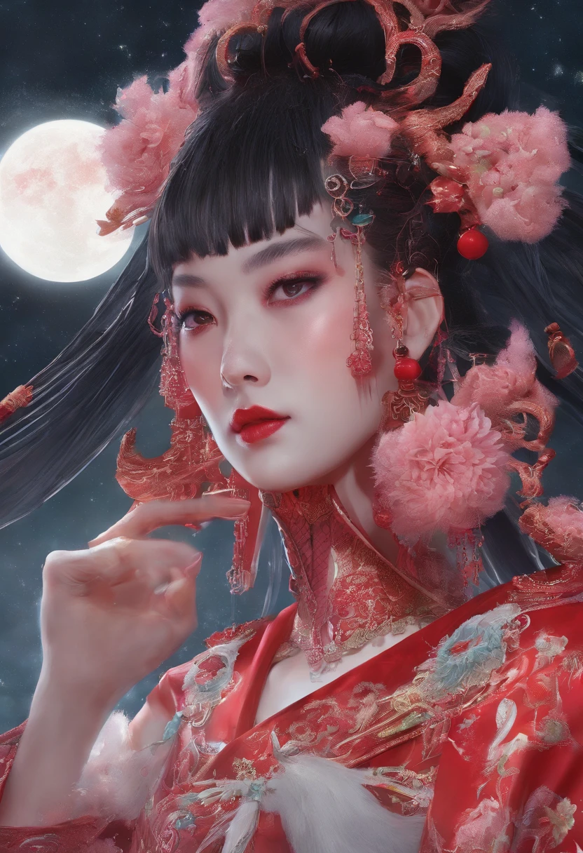Masterpiece, Best quality, Night, full moon, Mid-Autumn Festival,1 cooked woman eats mooncakes, Chinese style, Ancient China, Imperial sister, Smile, Dark brown hair, Dark hair, Princess cut, Fried dough twisted braids, Coiled hair, Double ball head, Light pink lips, calm, Intellectual, mid hair, Green eyes, Hairpin, hydrangea, Fine face, facial closeups, Close-up of the hand, Clothes in red