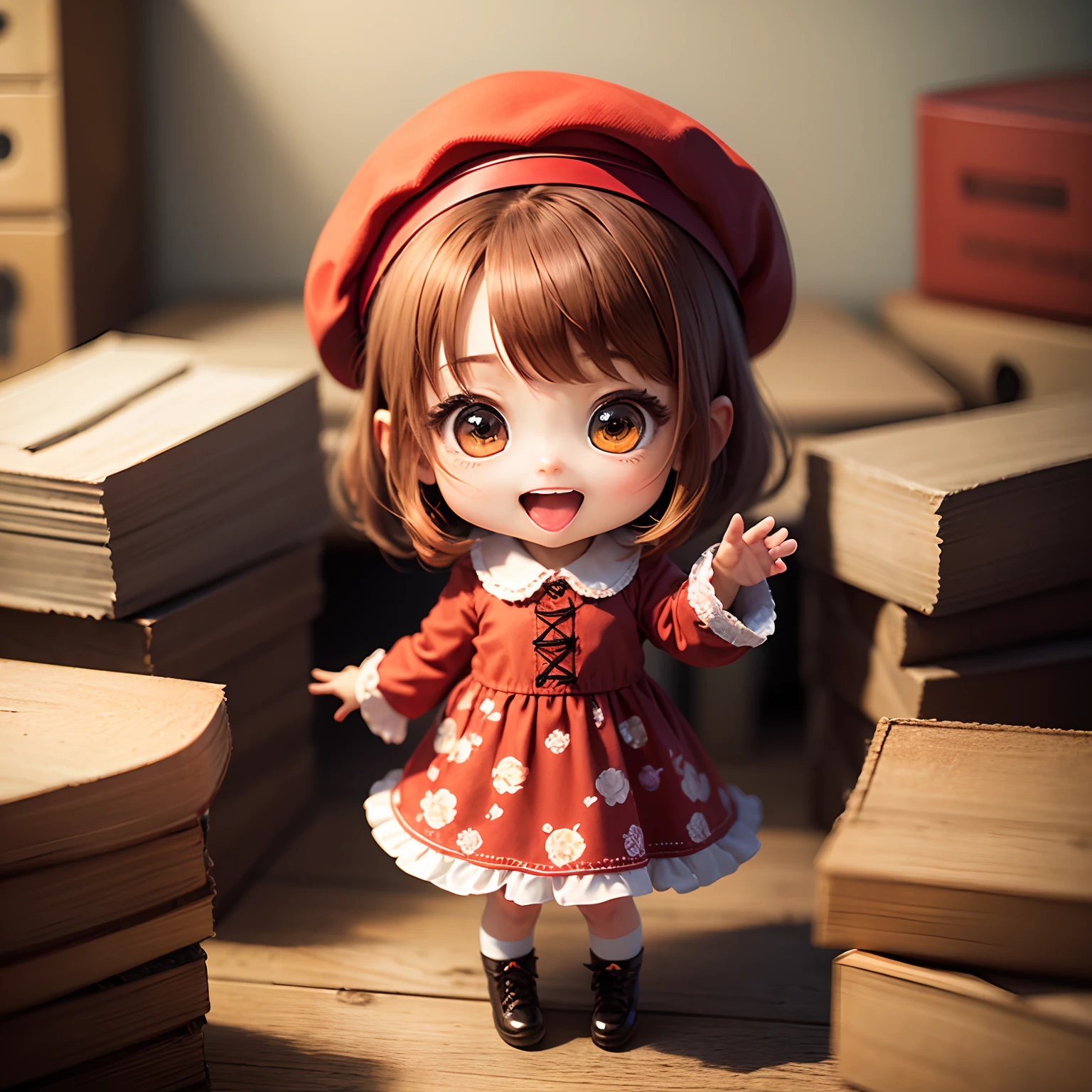 masterpiece、top-quality、ultra-detailliert、(Chibi Chara's Daughter:1.2)、Red-brown hair、beret、Retro floral dress、Chibi Living、Open your mouth and smile、Standing
