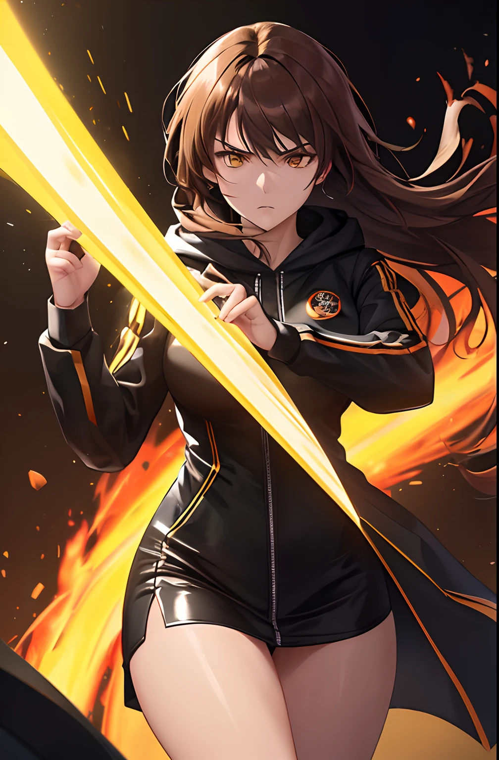 kk, best quality, more details, masterpiece, 1 girl, female focus, solo, An assassin woman in a black hooded suit, She is a fire-type martial artist, she creates a fireball in her hand, brown background, orange eyes, long hair, brown hair, looking at viewer, luxurious, 8k, detailed, ray tracing, depth of field, cinematic lighting, Simple yellow lines, simplified.