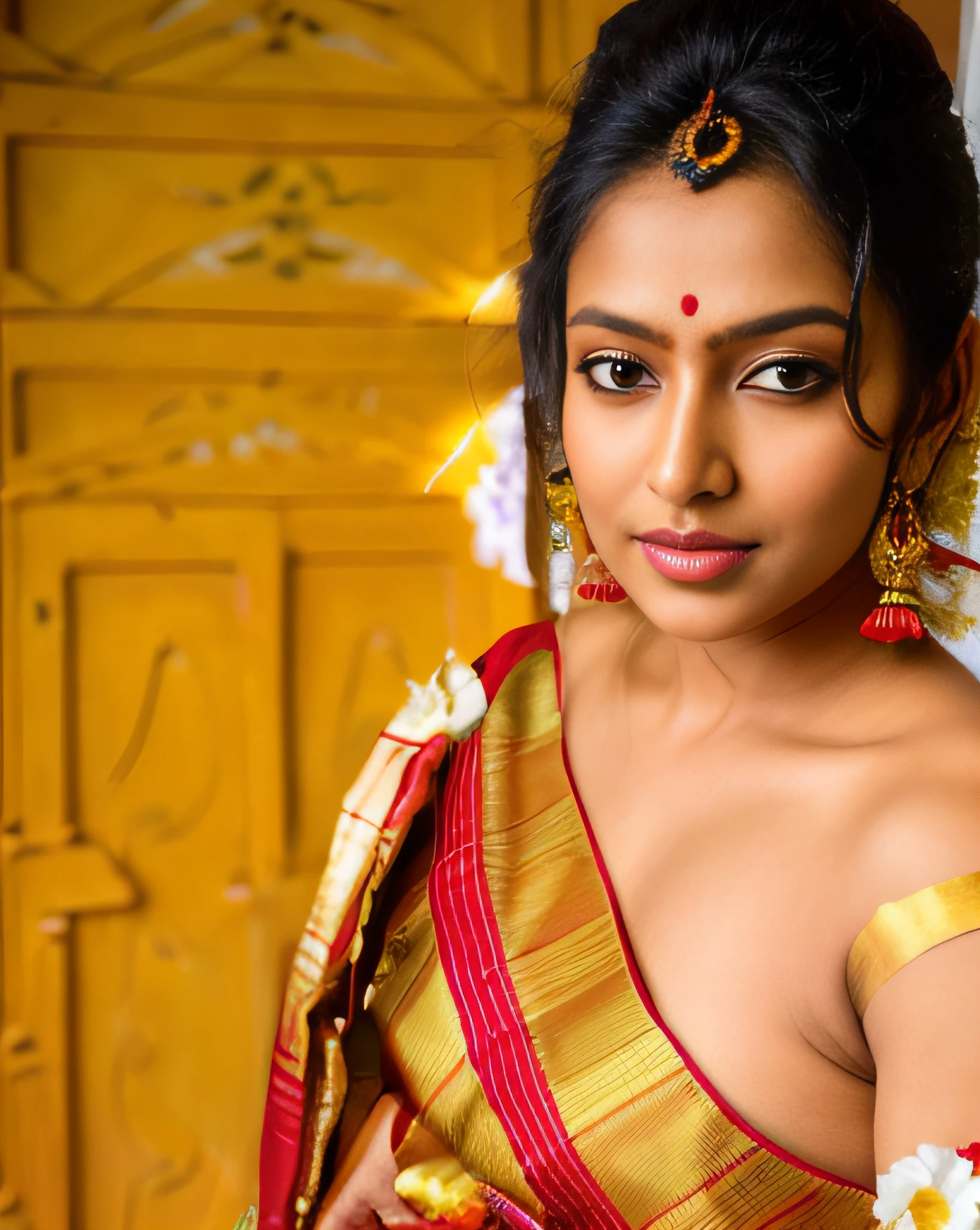 a close up of a indian female model in a sari posing for a picture, assamese aesthetic, traditional beauty, wearing bihu dress mekhela sador, with lovely look, candid picture, indian goddess, inspired by T. K. Padmini, assamese, dressed in a sari, indian, very attractive and beautiful, with accurate face