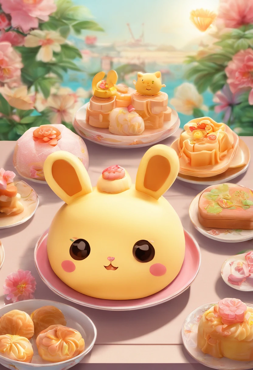 themoon，（Nut mooncakes、Egg yolk mooncakes、Ham mooncakes、South wind mooncakes），edgBunny，A strong Mid-Autumn Festival festive atmosphere，extremely detailed face and skin，Heartwarming scene，perfect  detail