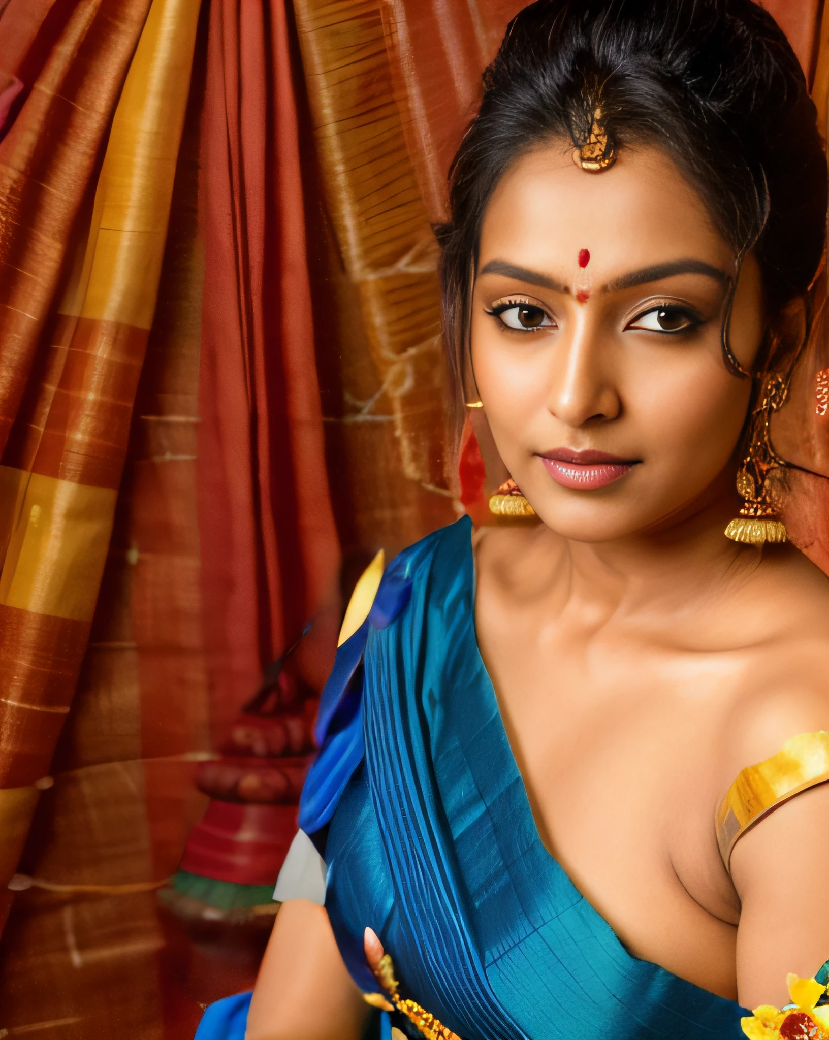 40 year old, Beautiful, Indian Princess, dressed in delicate intricate Blue silk sarong, Make-up, Full lips, gold jewelry with small red rubbies