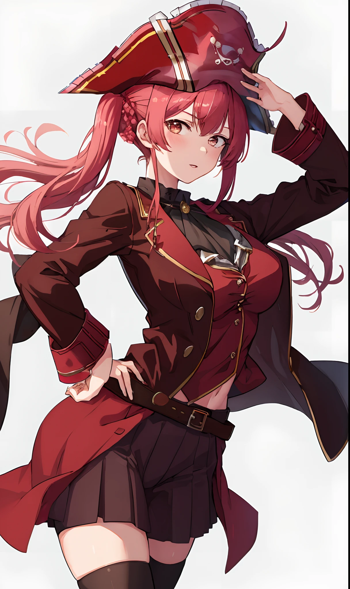 ((best quality)),((masterpiece)),8k wallpaper, absurdres, highres, ultra detailed, (1 young beautiful girl com peitos grandes, solo:1.1), solo, eyes red and gold, gloves, human ears, long hair, red hair,(red and gold eyes), fingerless gloves, red hair, asymmetrical clothes, makeup, hairclip, huge breasts, athletic body, slimskirt, thigh strap, lips, gradient hair, single glove, RED HAIR, (anime style) BREAK