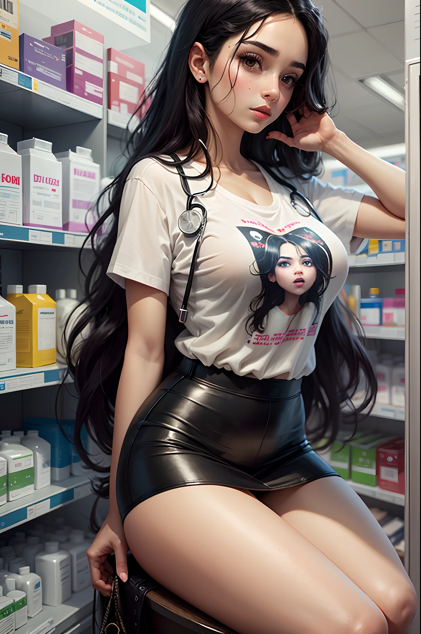 middle eastern girl long black hair , black big eyes, big boobs , wearing skirt and short T-shirt with DINA print on T-shirt , with doctor coat , in pharmacy --auto --s2