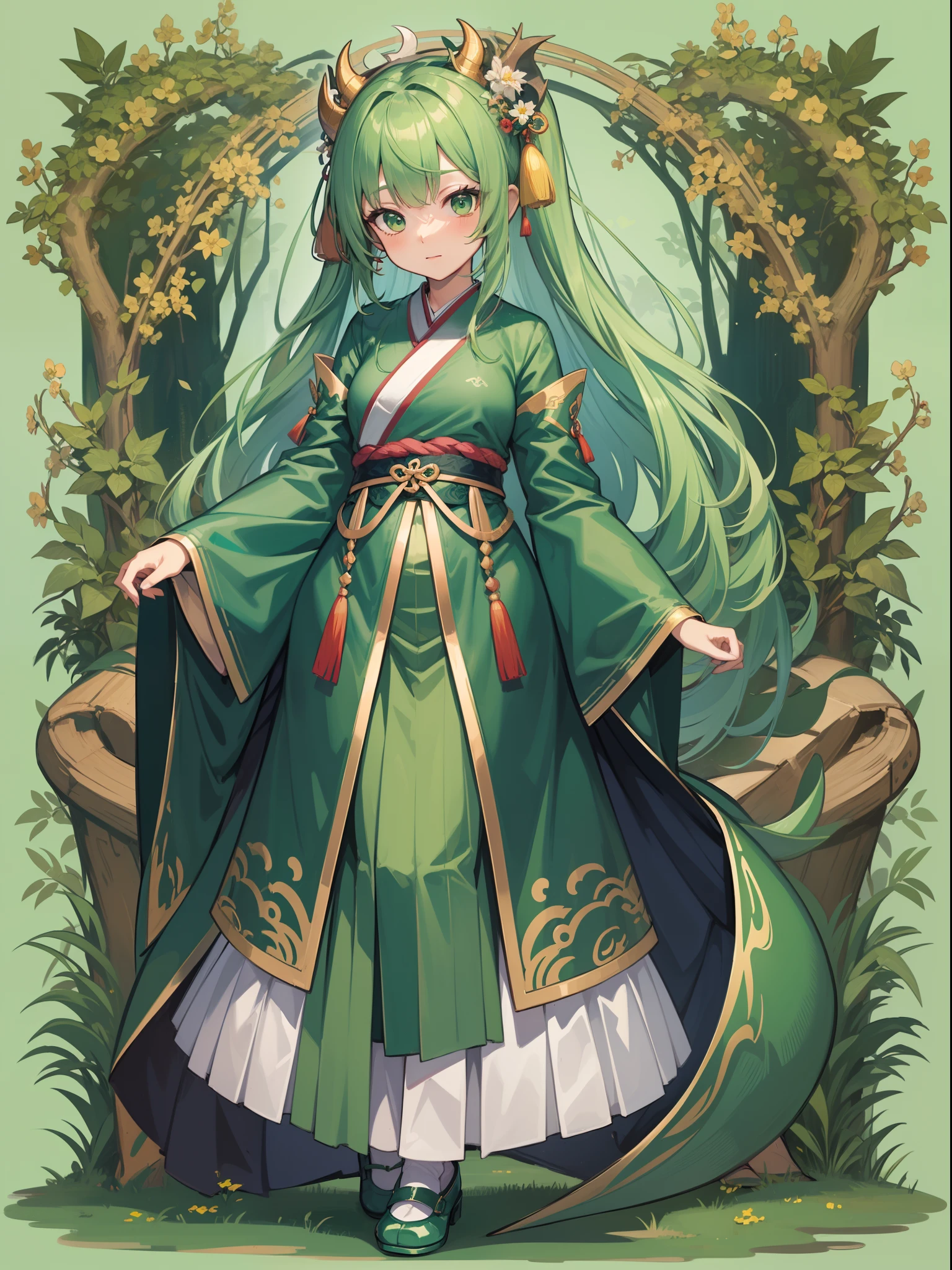 character portrait closeup,sketching,.tchibi,green pupills, full bodyesbian,standing on your feet,Robe,Hanfu,green color,Chinese dragon green background,full bodyesbian,Faraway view,Green forest dragon surrounds background,full bodyesbian,Princess green shoes,long skirt,standing on your feet