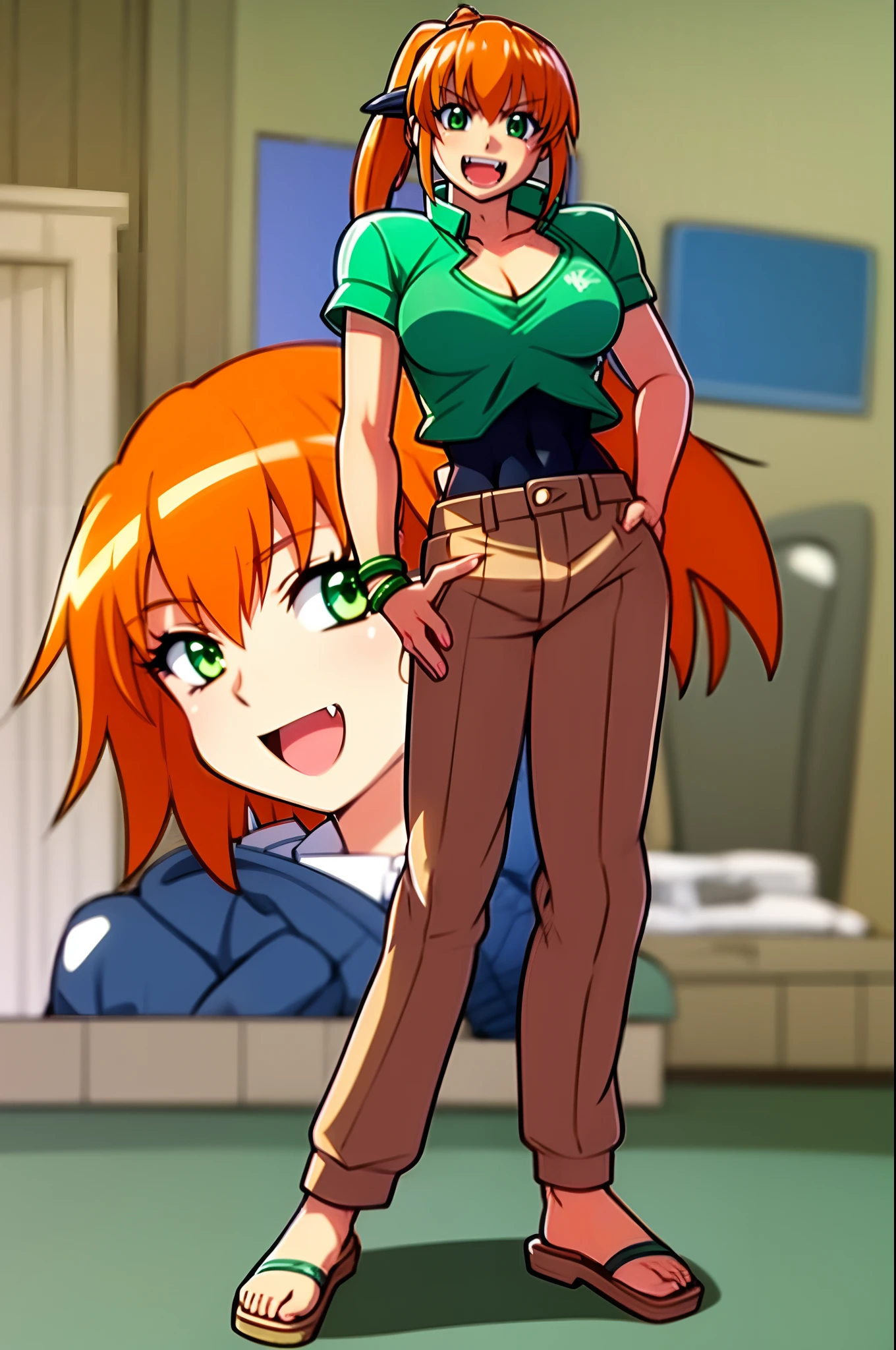 excel, orange hair, smile, fang, open mouth, green eyes,standing, medium breast, pants, pullover, ponytail, full body, flipflops