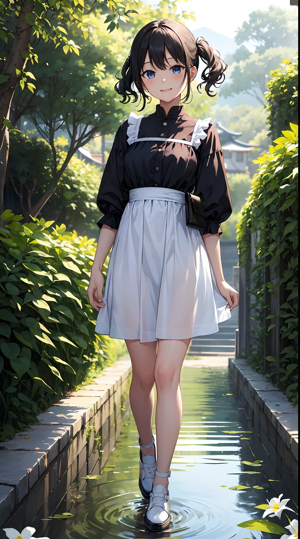 Background with: The center of the tin colony。 A stream flows in the distance、The silent scenery that you can hear。 人物: Teenage transparent girl。Hairstyle is bob、Hair color is black、Hair quality is wavy。 Facial expressions and eyes: Happy smiling face、Eyes are brown、Realistic and complex eyes。 garments: Pastel dress。White flat shoes。 Poses：While picking tin flowers、Walking forward。 effect: The focus is on the girl and the tin plucked。 styles: Real Taste Special Elements：hightquality、Inner peace、masterwork、Real Stick、「The Coming of Happiness」Motifs of