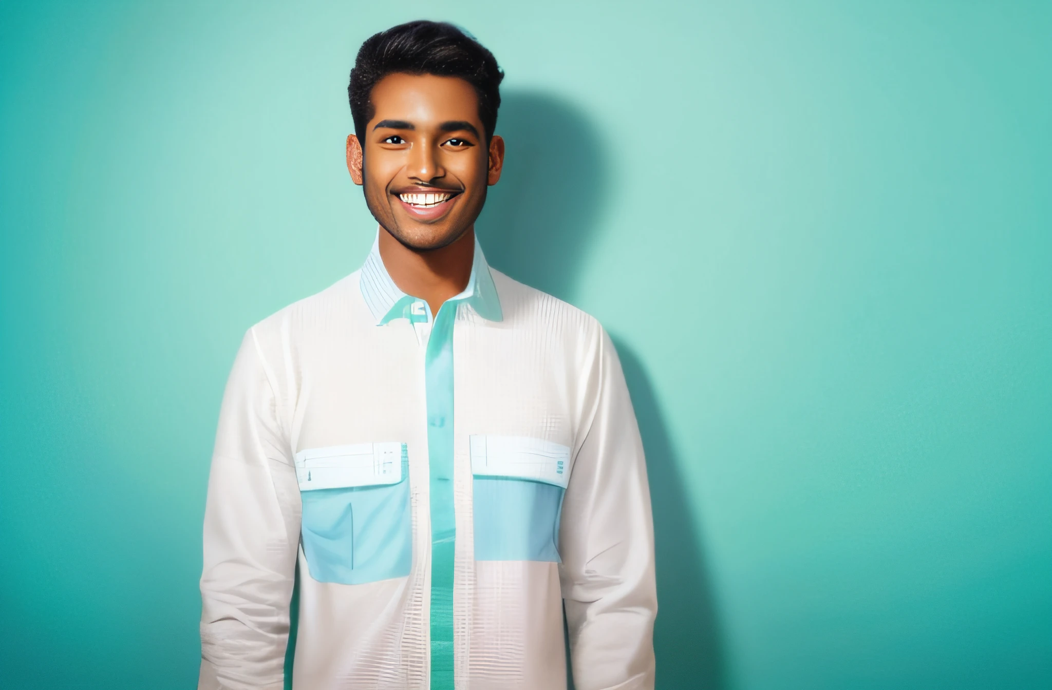 a indian male model in a white shirt smiles while standing against a blue wall, brown skin man with a giant grin, smiling male, wearing a green sweater, closeup portrait shot, medium shot portrait, smiling man, green shirt, subtle confident smile, good looking face, portrait of a smiling, solid background, smiling and looking directly, wearing green jacket, handsome young man face