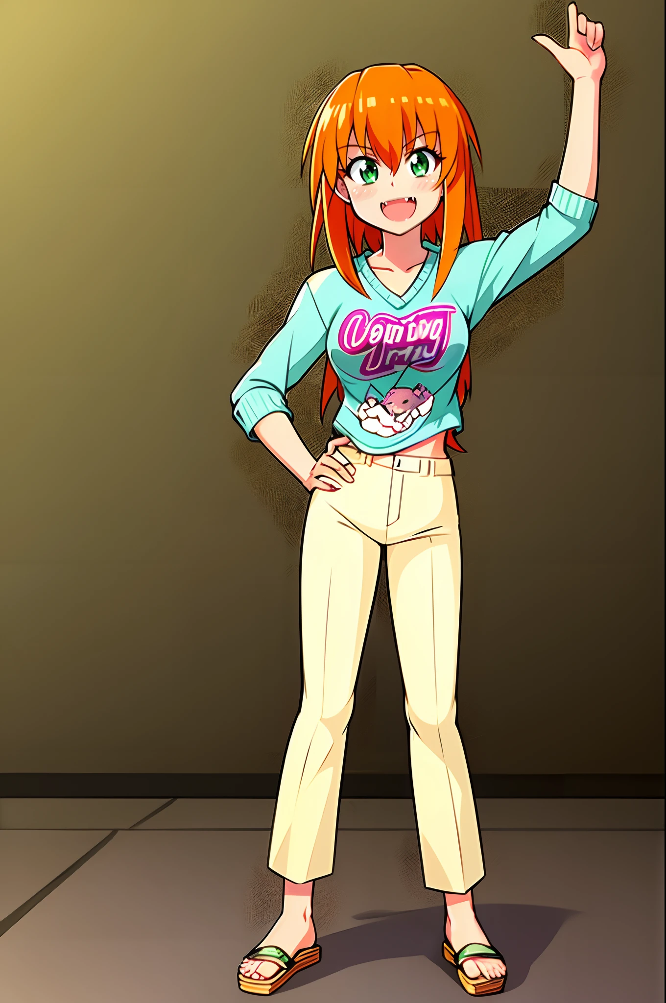 excel, orange hair, smile, fang, open mouth, green eyes,standing, medium breast, pants, pullover, , full body, flipflops