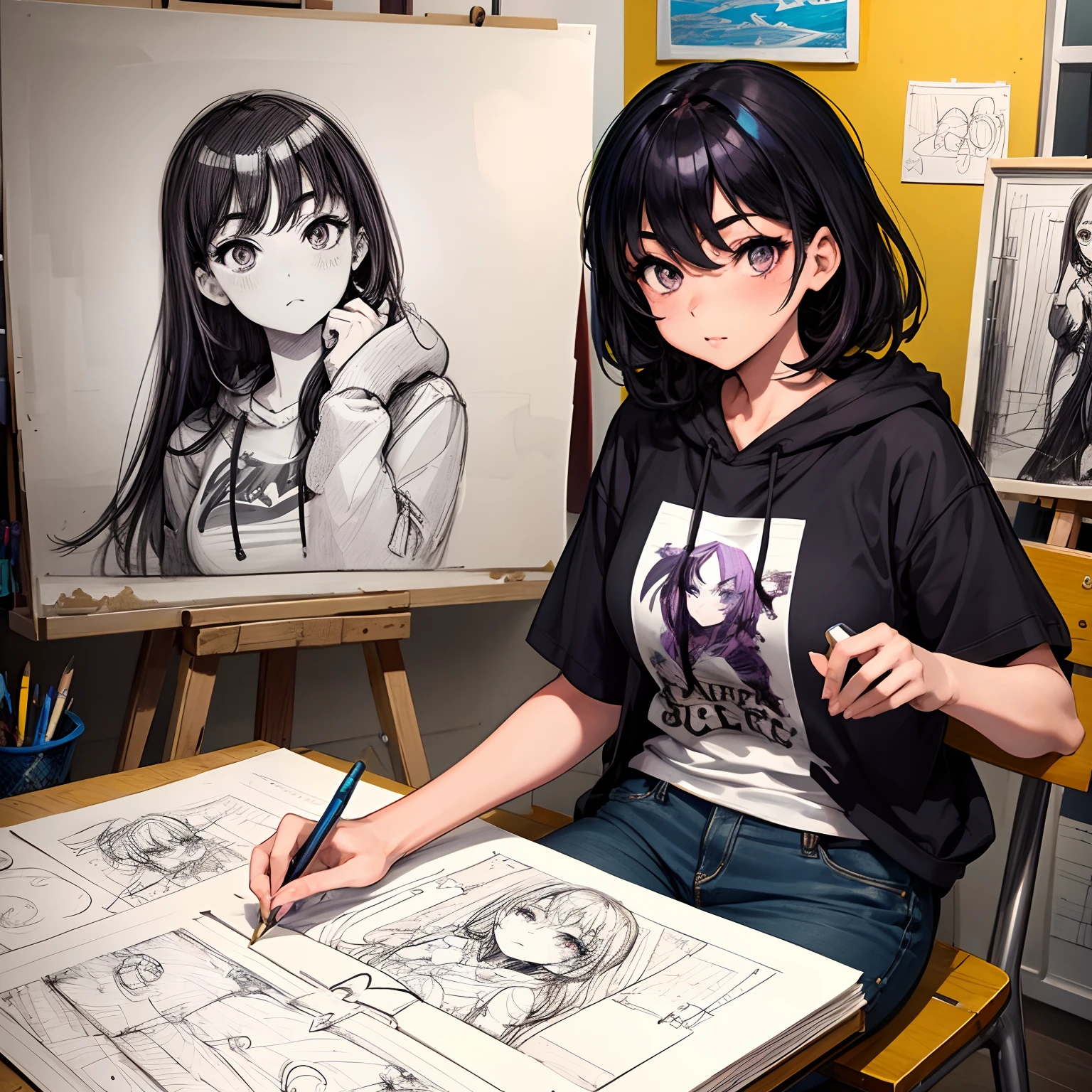A beautiful and sexy artist girl, black hair, purple eyes, wearing a hoodie graphic t-shirt and torn skinny jeans, sitting at her drafting table, drawing a pencil sketch of a highly detailed super hero in her sketch pad, in an art studio, highly detailed background, perfect masterpiece, high quality, high resolution