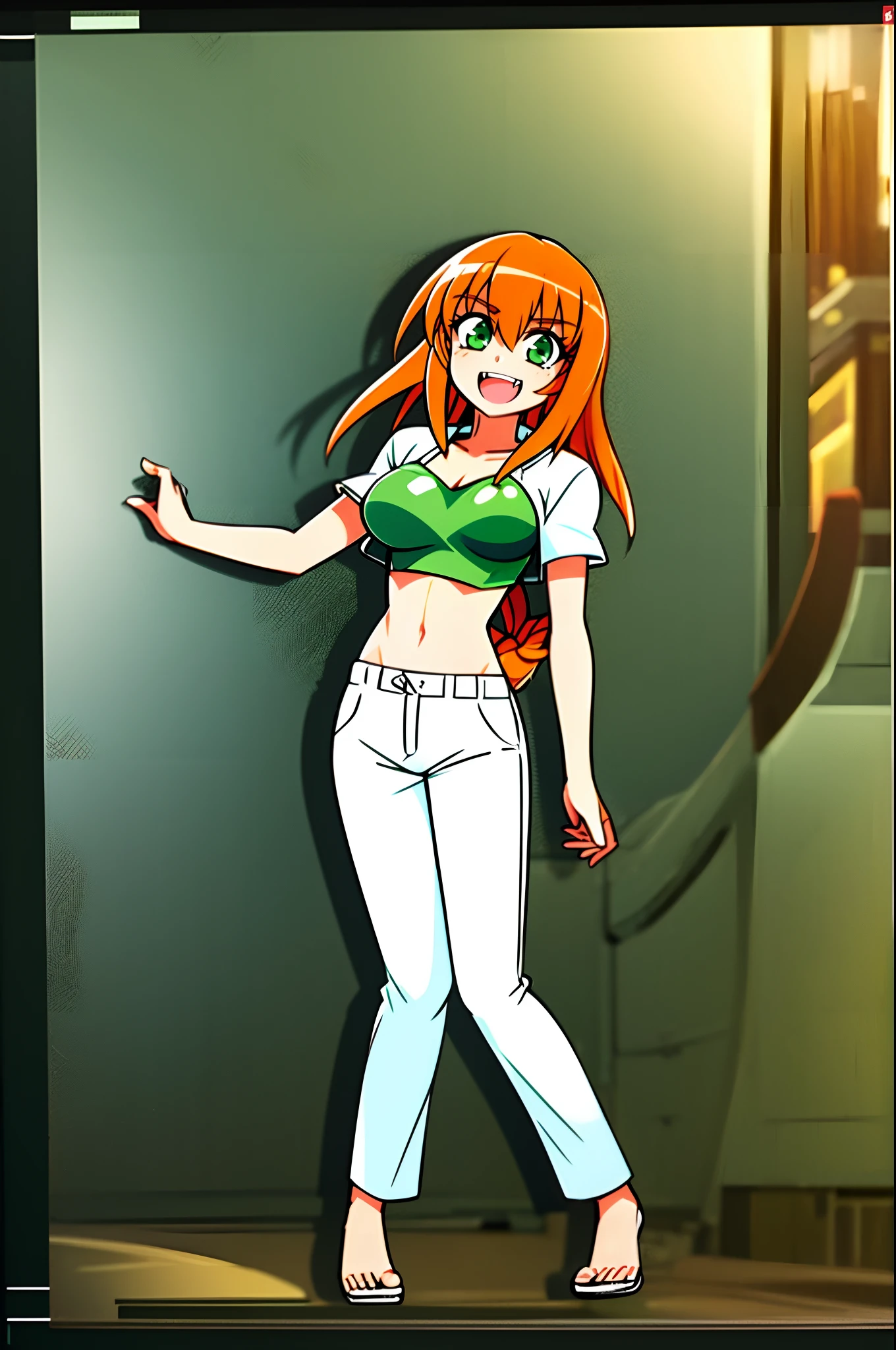 excel, orange hair, smile, fang, open mouth, green eyes,standing, medium breast, pants, pullover, , full body, flipflops