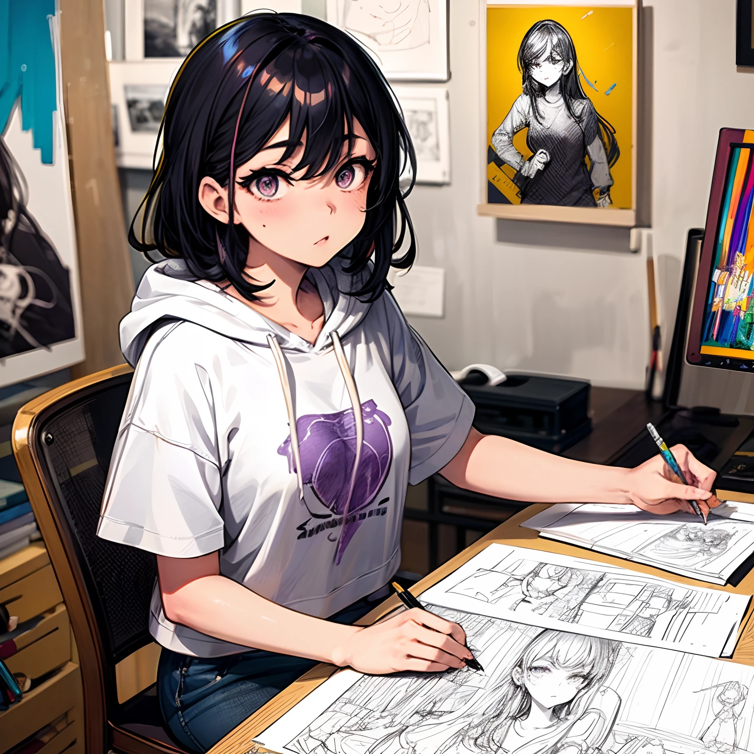 masterpiece,best quality,Ultra detailed,1girl,<lora:staingirl-000005:0.7>,staingirl,black cardigan,collared shirt,open clothes,open cardigan,shirt tucked in,black pants,brown eyes,There's a stain on her shirt,(She has paint on her shirt:1.5),