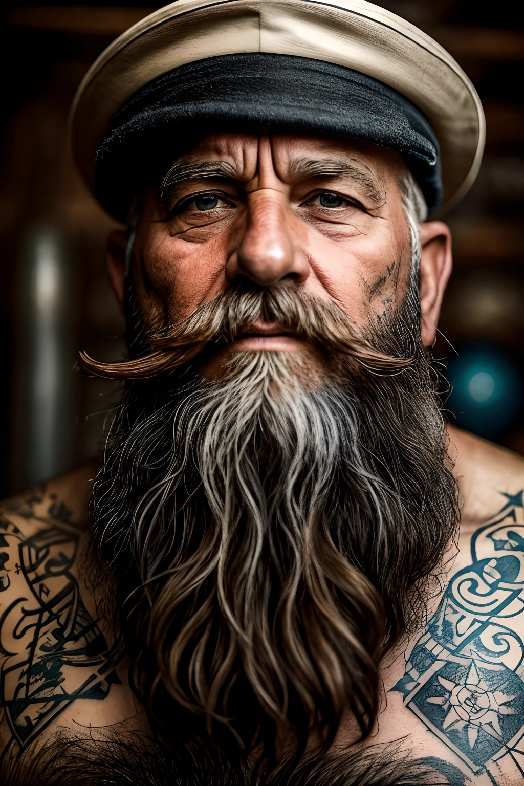 A captivating photograph of a wise and weathered 60y.o sailor, big beard, adorned with nautical tattoos and a rugged expression that tells tales of countless voyages.