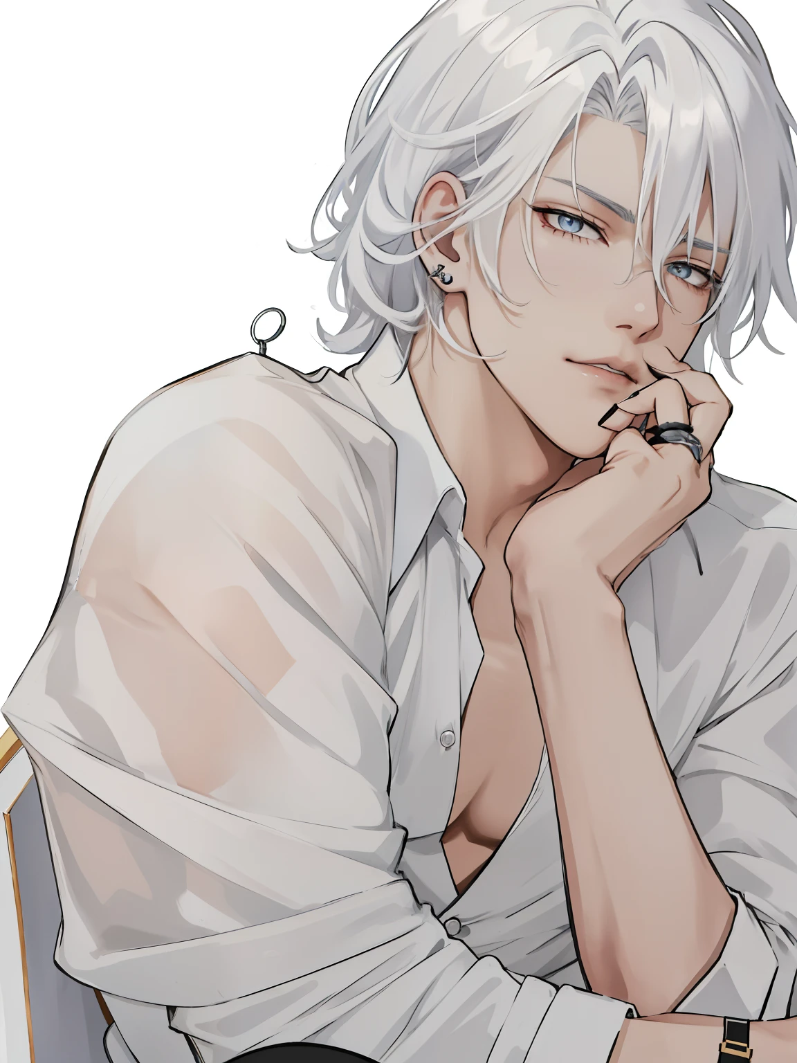 Anime guy with white hair sitting on chair, Bring your hands to your face, White half-unbuttoned shirt, white haired, maniacal gaze, handsome anime pose, a silver haired mad, Tall anime guy with amber eyes, hand on cheek, gray haired, finger rings