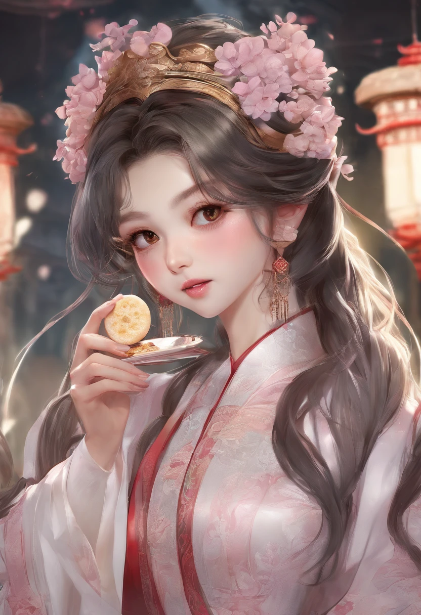 Masterpiece, Best quality, Night, full moon, Mid-Autumn Festival,1 Mature woman eats mooncakes, Chinese style, Ancient China, Imperial sister, Smile, Dark brown hair, Dark hair, Princess cut, Fried dough twisted braids, Coiled hair, Double ball head, Light pink lips, calm, Intellectual, mid hair, Green eyes, Hairpin, hydrangea, Fine face, facial closeups, Close-up of the hand, Clothes in red
