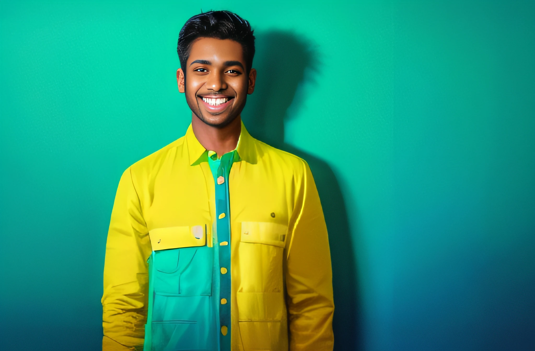 a indian male model in a yellow shirt smiles while standing against a blue wall, brown skin man with a giant grin, smiling male, wearing a green sweater, closeup portrait shot, medium shot portrait, smiling man, green shirt, subtle confident smile, good looking face, portrait of a smiling, solid background, smiling and looking directly, wearing green jacket, handsome young man face