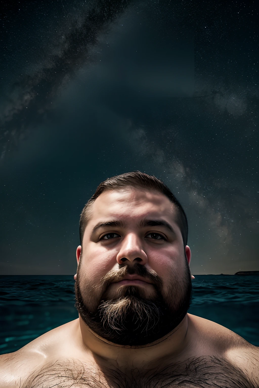 masterpiece, best quality, high resolution, closeup portrait, fat male focus, solo focus, burly, hairy, male, a man, in a sea, with half his body submerged in the water, behind a starry sky with a moon in the center, amazing composition, front view, HDR, volumetric lighting, ultra quality, elegant, highly detailed