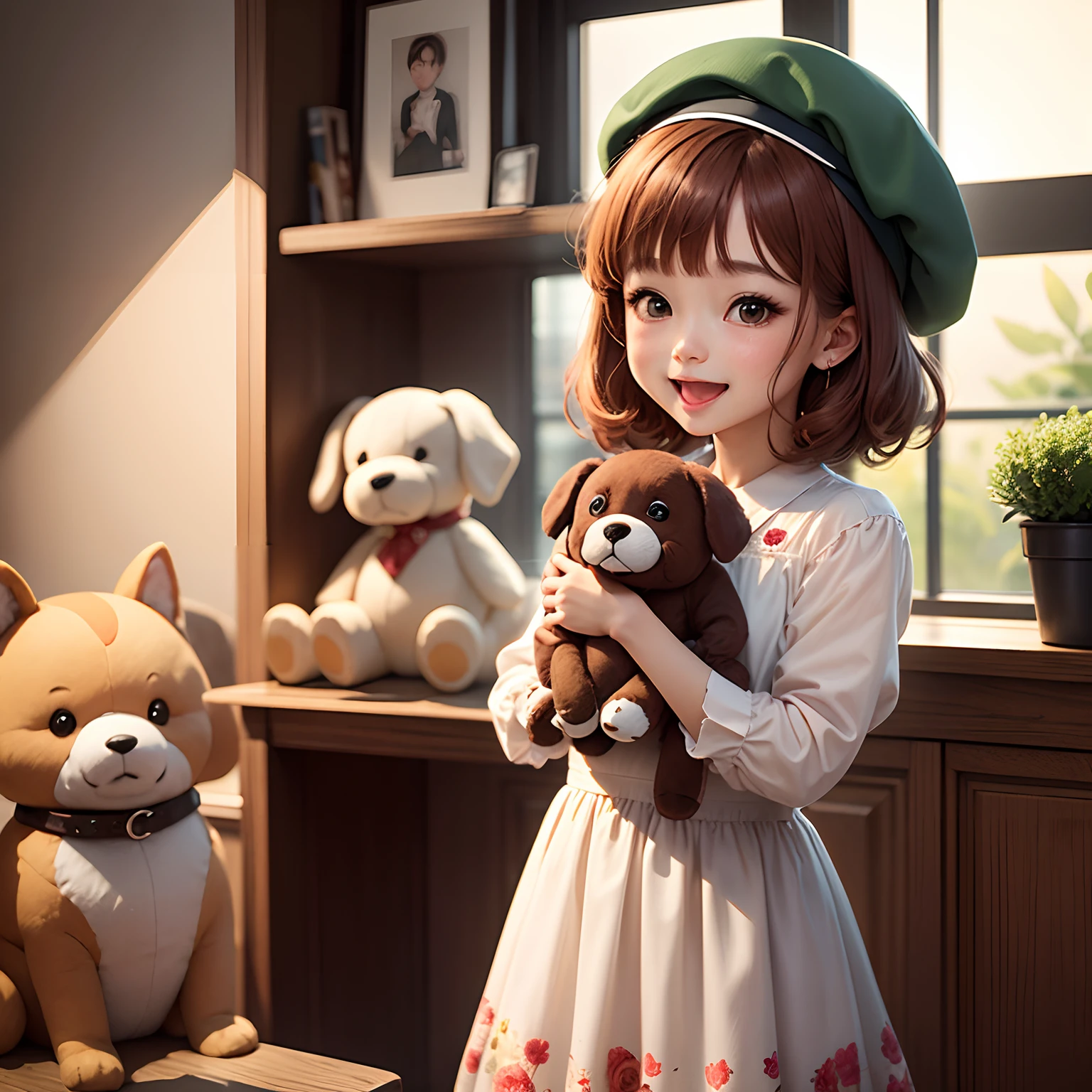 masterpiece、top-quality、ultra-detailliert、(Chibi Chara's Daughter:1.2)、Red-brown hair、beret、Retro floral dress、Chibi Living、Open your mouth and smile、Standing、Dragging a stuffed dog、Stuffed dog、
