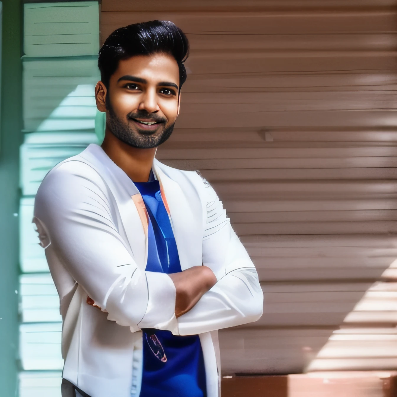 a close up of an indian male model with his arms crossed and a smile on his face, confident relaxed pose, handsome and attractive, medium shot portrait, young man with short, young man with medium - length, handsome young man, posing with crossed arms, portrait of beautiful young man, young handsome man, attractive young man, young adult male, handsome young man face