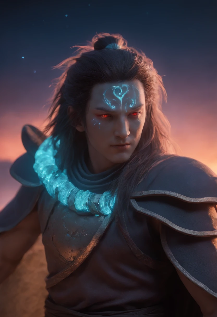 (((Beautiful and ultra detailed face, Megapixel))) Uchiha madara, full body, with bioluminescent aura around the body, during a beautiful, colorful and ultra-realistic sunset, shiny and realistic grass, big white bioluminescent hair with rays of bioluminescent light between strands of hair, with colorful flames, bioluminescent sky with several planets in the background