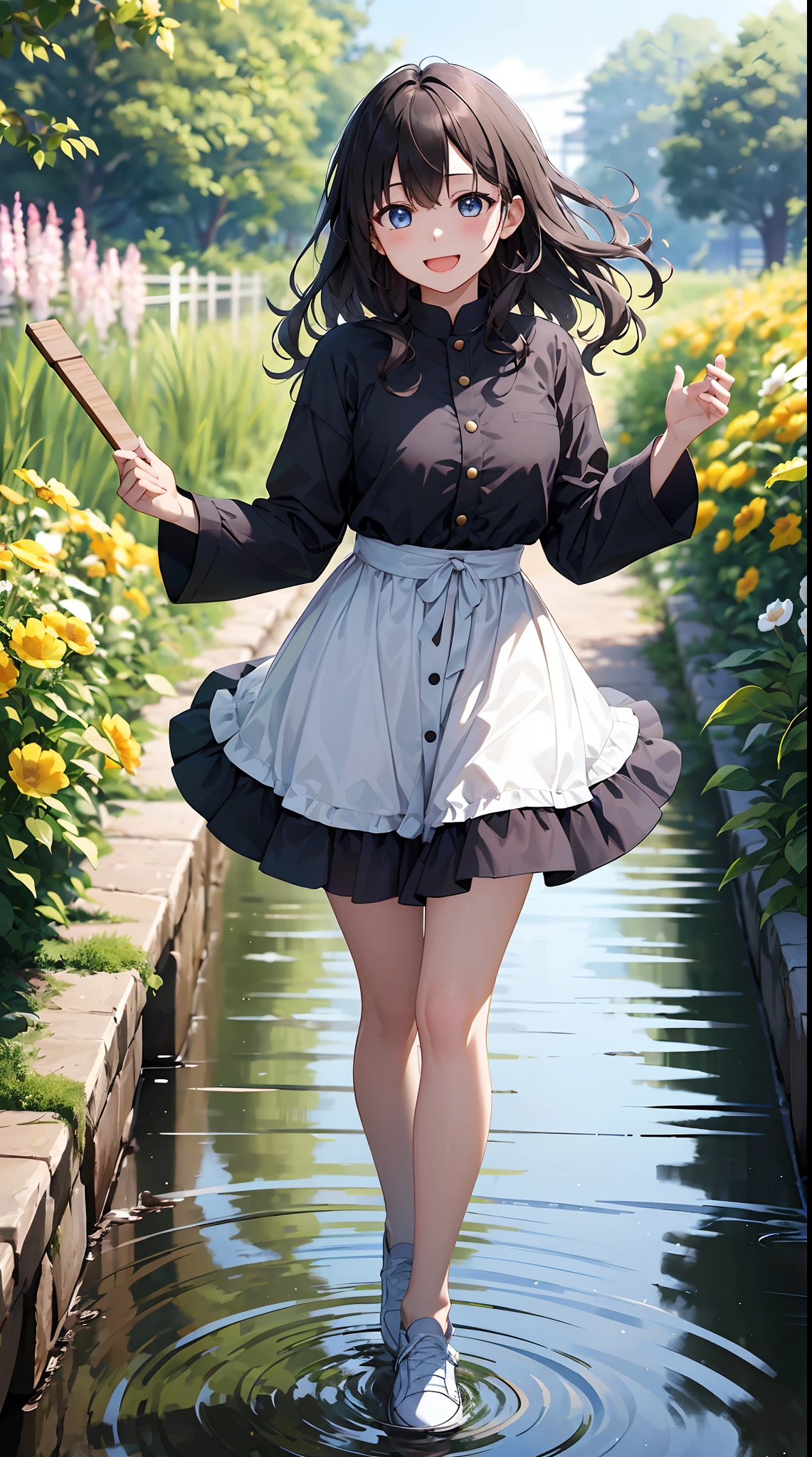 Background with: The center of the tin colony。 A stream flows in the distance、The silent scenery that you can hear。 人物: Teenage transparent girl。Hairstyle is bob、Hair color is black、Hair quality is wavy。 Facial expressions and eyes: Happy smiling face、Eyes are brown、Realistic and complex eyes。 garments: Pastel dress。White flat shoes。 Poses:While picking tin flowers、Walking forward。 effect: The focus is on the girl and the tin plucked。 styles: Real Taste Special Elements:hightquality、Inner peace、masterwork、Real Stick、「The Coming of Happiness」Motifs of