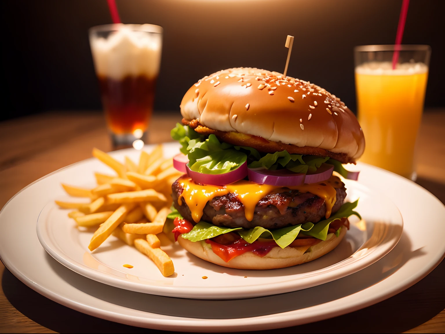 Close up food photograph of a double cheeseburger and french fries, with a shallow depth of field, elegant plating, and soft lighting
