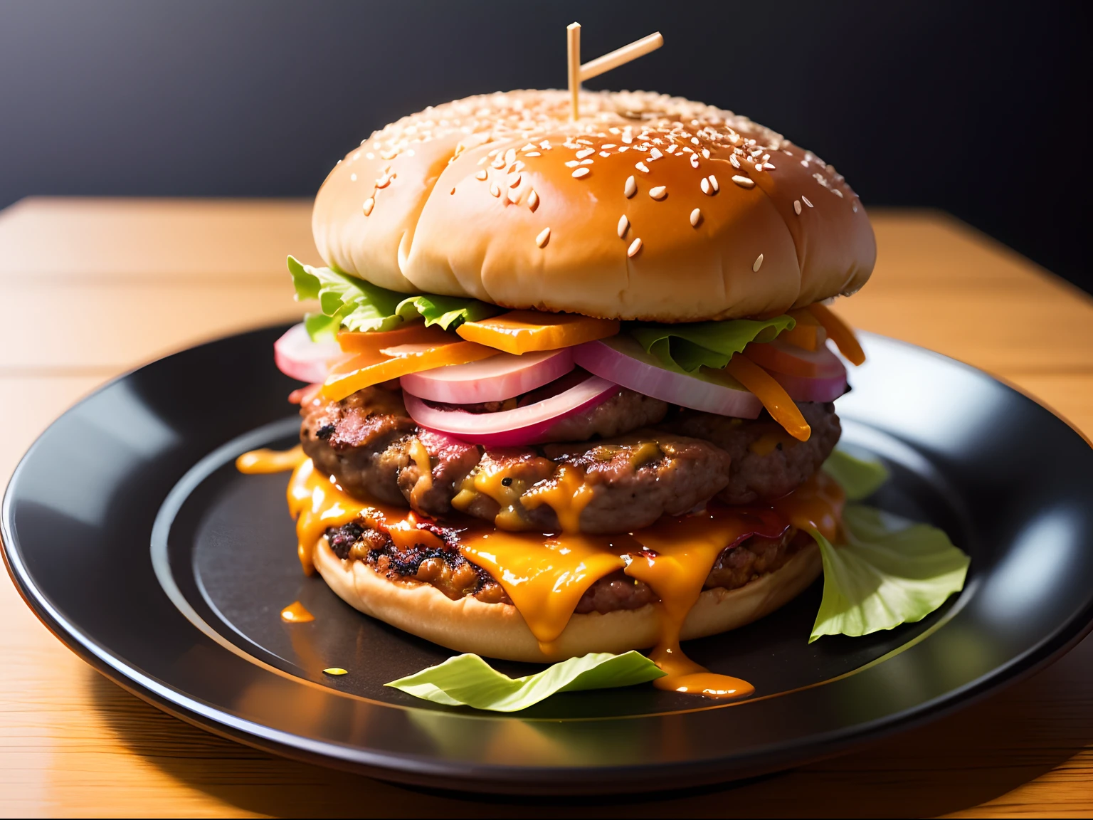 Close up food photograph of a double cheeseburger and french fries, with a shallow depth of field, elegant plating, and soft lighting