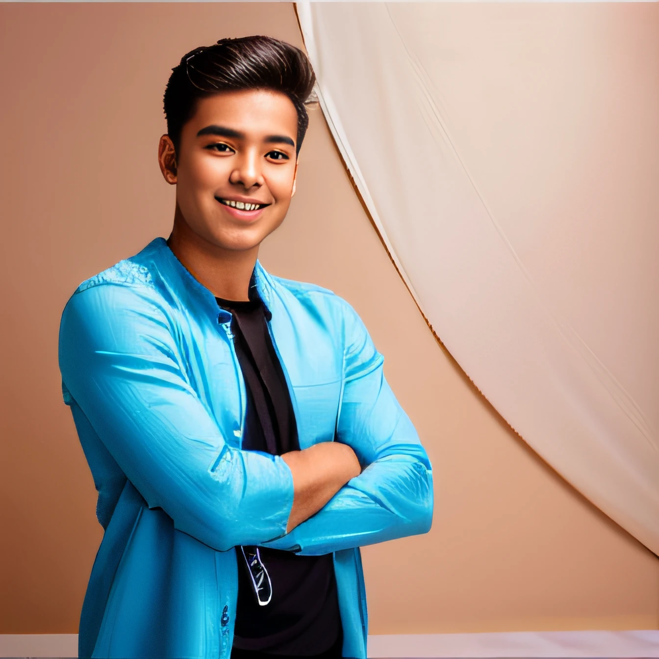 a close up of a man with his arms crossed and a smile on his face, confident relaxed pose, handsome and attractive, medium shot portrait, young man with short, young man with medium - length, handsome young man, posing with crossed arms, portrait of beautiful young man, young handsome man, attractive young man, young adult male, handsome young man face