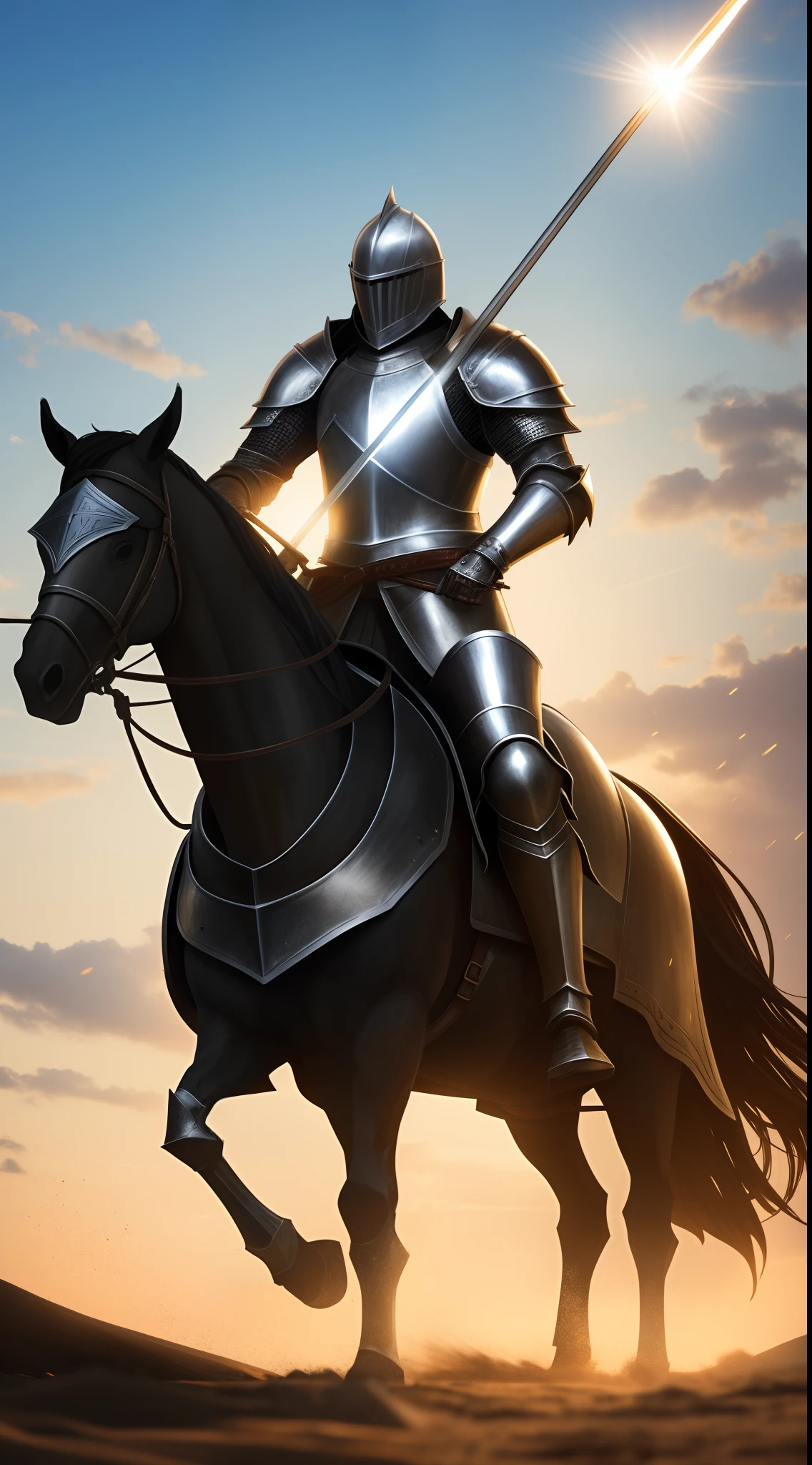 A knight in iron armor on an iron-armored horse. Behind them, a blindingly bright light shines the knight's sword in the air. But the parts closer to the ground are still in darkness. --auto