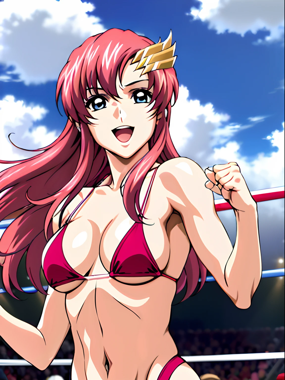 (masterpiece, upper body view, 4K, Best Quality, Anime style: 1.9,, Adult Woman, ultra detailed face, (cloud background, wrestling), Drawing lines, high resolution, Anime, lacus4), 1girl, Solo, curvy figure, Long hair, 鎖骨, scapular, (Detailed wide hair bangs, Hair Ornament, Detailed reddish-pink hair, golden crest), cleavage, large hands, (female wrestler). (Big blue eyes, shiny eyes), ((female wrestler, little biceps, slender body, broad shoulders, closed fists)), ((perfect proportions, medium breasts, long belly)), (((micro bikini, pink wrestling gear, champion))), happy, smile, open mouth, (holding mic, looking at the viewer), dancing, showing off underarm, (elegant lady)
