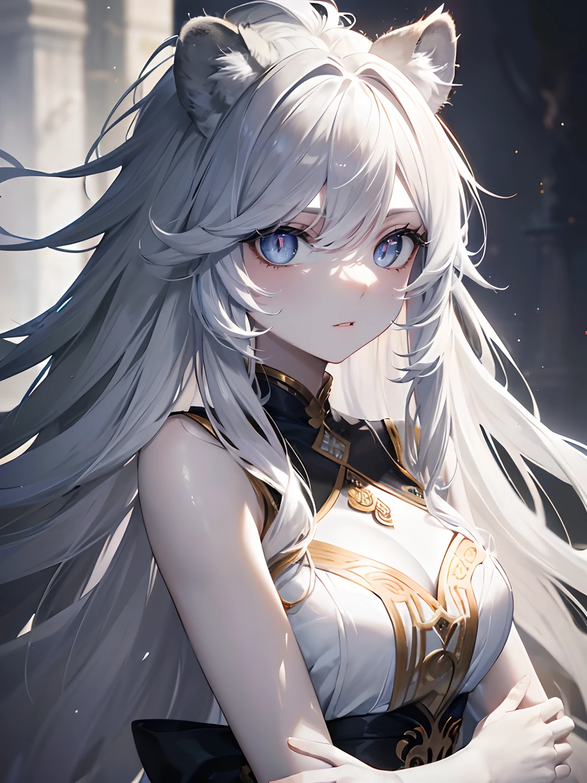 (Masterpiece, Best quality, ultra high resolution),1girl, grey hair,(mane, extremely long hair, very curly hair),lion ears,lion tail,(white skin, pale skin),beautiful and detailed face, detailed eyes,(grey theme),in the savanna,