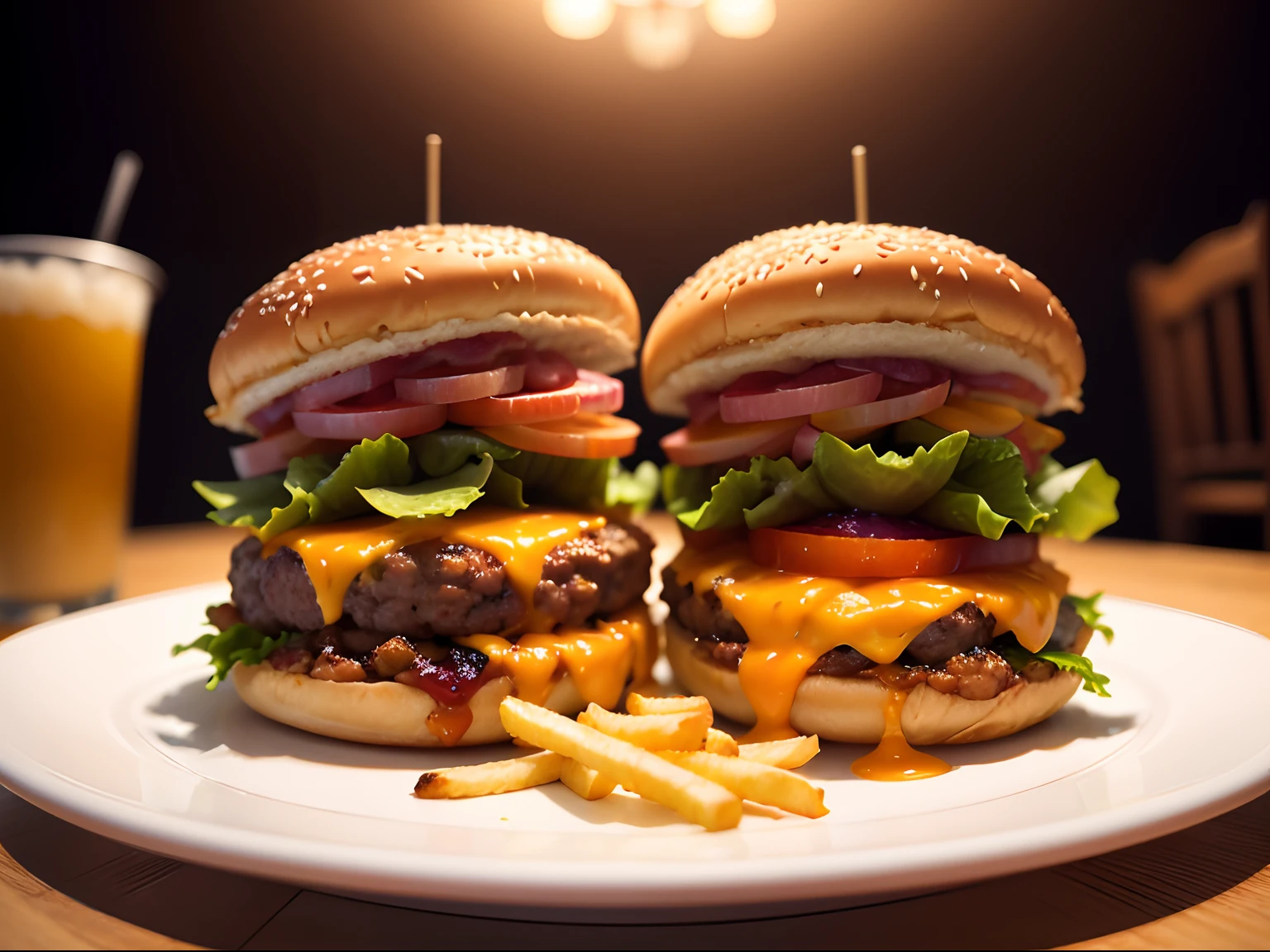 Close up food photograph of a double cheeseburger and french fries, with a shallow depth of field, elegant plating, and soft lighting