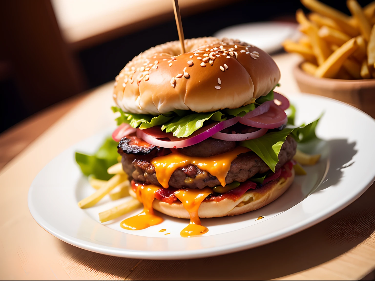 Close up food photograph of a double cheeseburger and french fries, with a shallow depth of field, elegant plating, and soft lighting