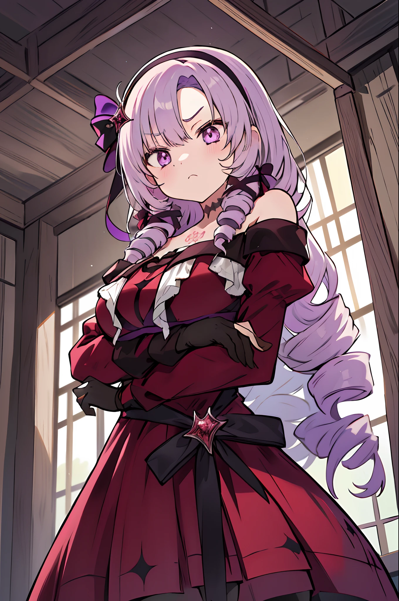 masutepiece, Best Quality, hight resolution, Head-on, (From below:1.2), hmsalome, Drill Hair, Parted bangs, black hairband, bow ribbon, Purple eyes, Large breasts, The tattoo, Red dress, Long sleeves, Bare shoulders, Black Gloves, frown, Indoors, (wide eyed:1.2)