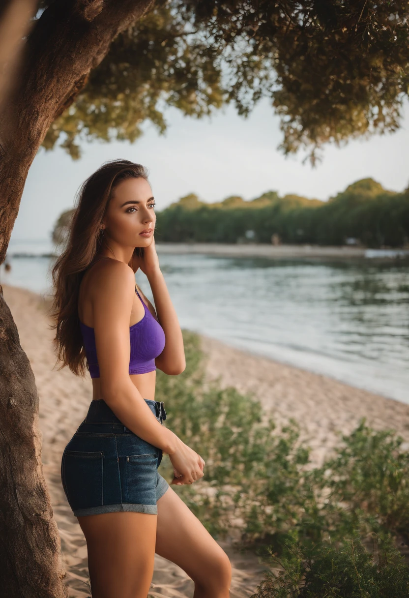 arafed woman with tight green tank top and short jeans, sexy girl with brown eyes, portrait sophie mudd, brown hair and large eyes, selfie of a young woman, park eyes, violet myers, without makeup, natural makeup, looking directly at the camera, face with artgram, subtle makeup, stunning full body shot, at sunny crowded beach, raw photo