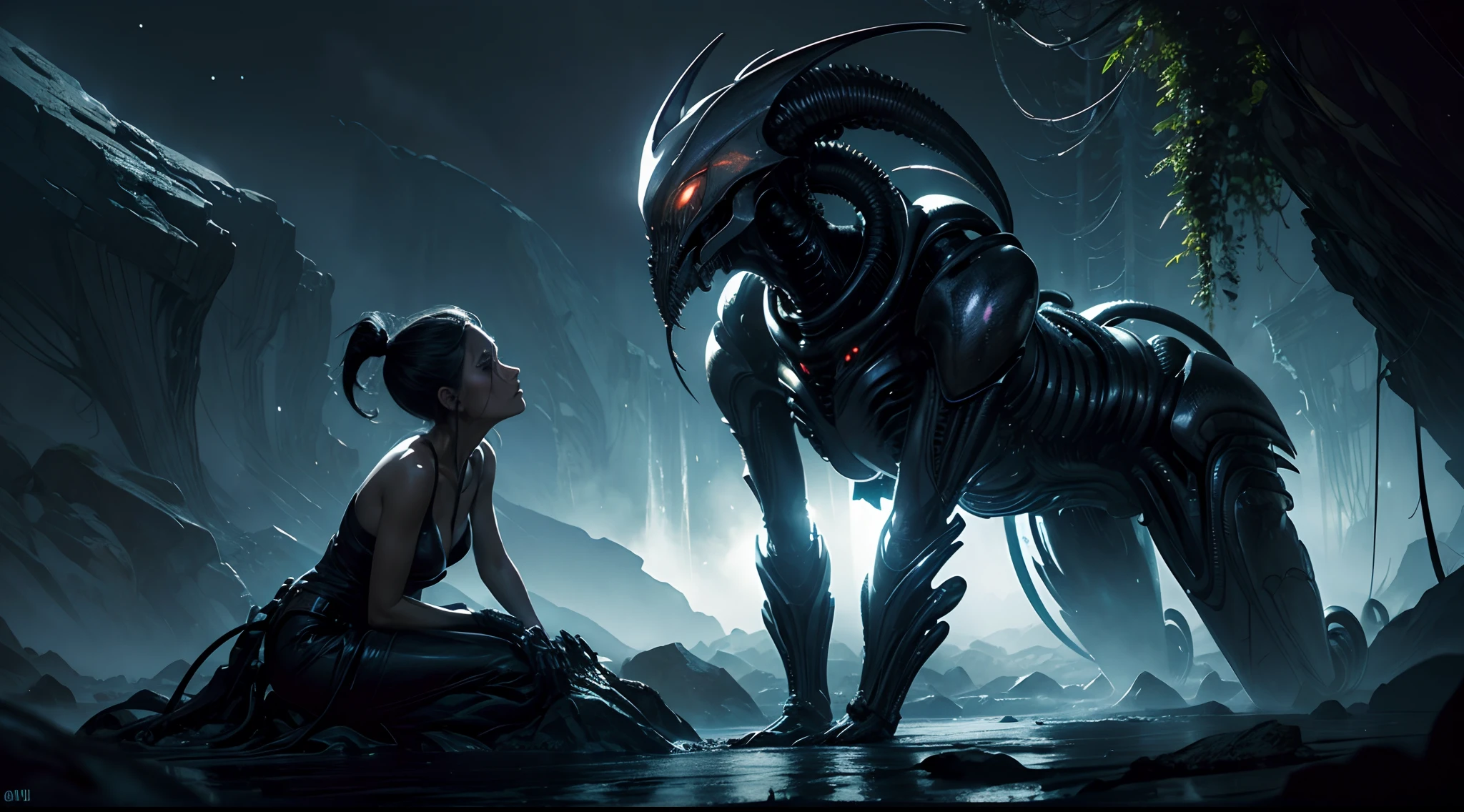 Beautiful female xenomorph, photo realistic style, Creature, Sci-Fi, Dark, Smooth texture, Shiny exoskeleton, Biomechanical design, elongated head, elongated jaw, sharp teeth, piercing black eyes, shapely body, Biomechanical tail, translucent membrane, creepy ambiance, Lush alien landscape, Bright flora, Mysterious rock formations, Ambiance Lighting, Cascading waterfalls, Ethereal fog, Distant alien sky, Captivating celestial bodies