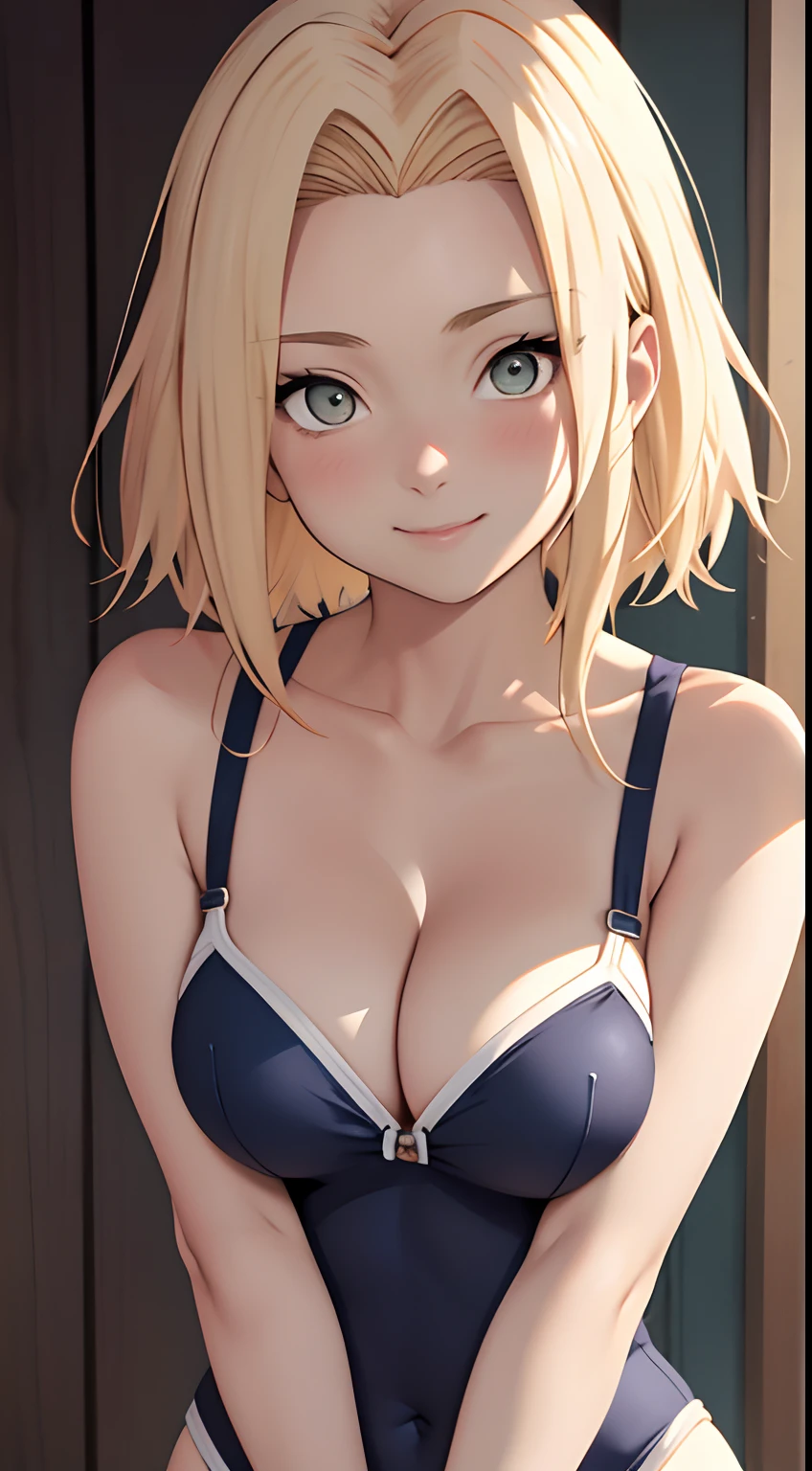 swim wears、hposing Gravure Idol、Blonde hair T-Masterpiece， best qualtiy， 1girll， Sakura Haruno， Large breasts，（cleavage)，（upper body closeup)，Raised sexy，is shy，ssmile，