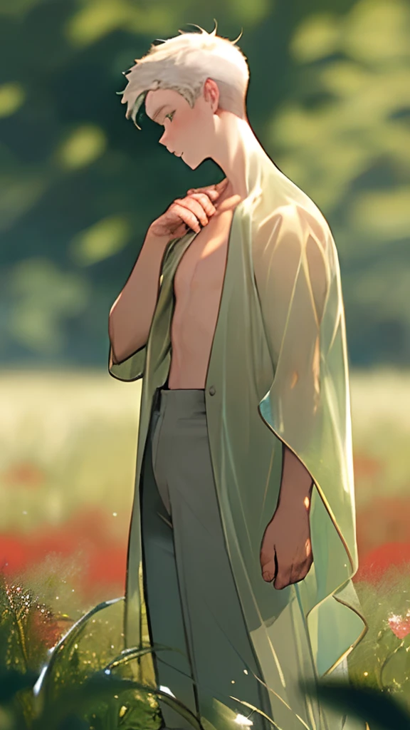 (masterpiece, best quality),1boy with short white hair standing in a field of green plants and flowers, his hand under her chin, warm lighting , see through clothes , naked , nude , blurry foreground