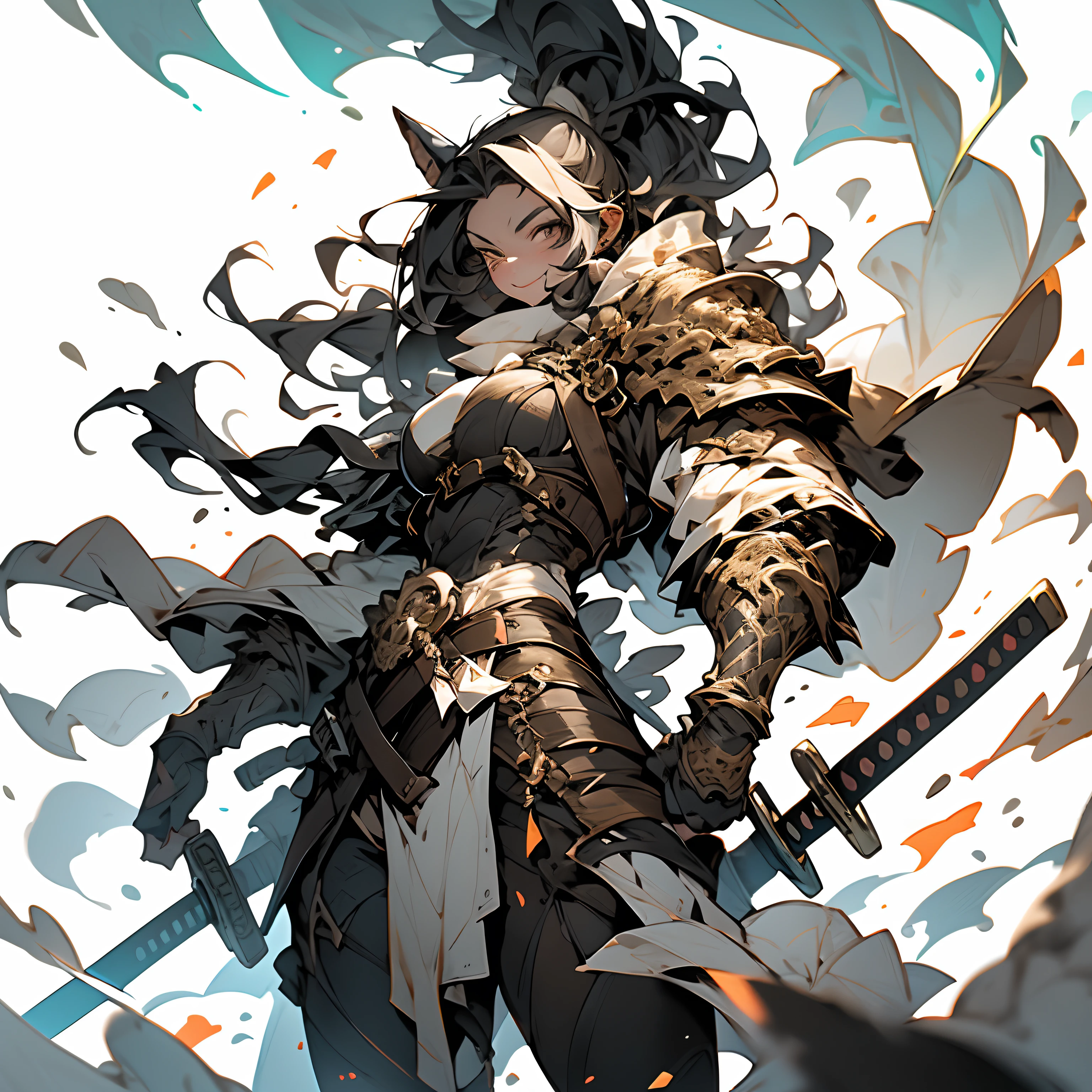 Create an AI illustration of a ridiculous young girl with long hair, hime-cut, White and black hair, two tone color hair, Beautiful detailed hair, Black eyes. She was like a samurai, Standing on the battlefield with a magazine. She wears armor, But pair it with a miniskirt,Black platform shoes，unique look. Please generate illustrations in the highest possible quality.Pronounced muscles，Fluffy ears，Very tall，looking at viewert，full-body portraits，Tall，Orc girl，Mature and tall women，Tall，With a smile，looking toward the viewer