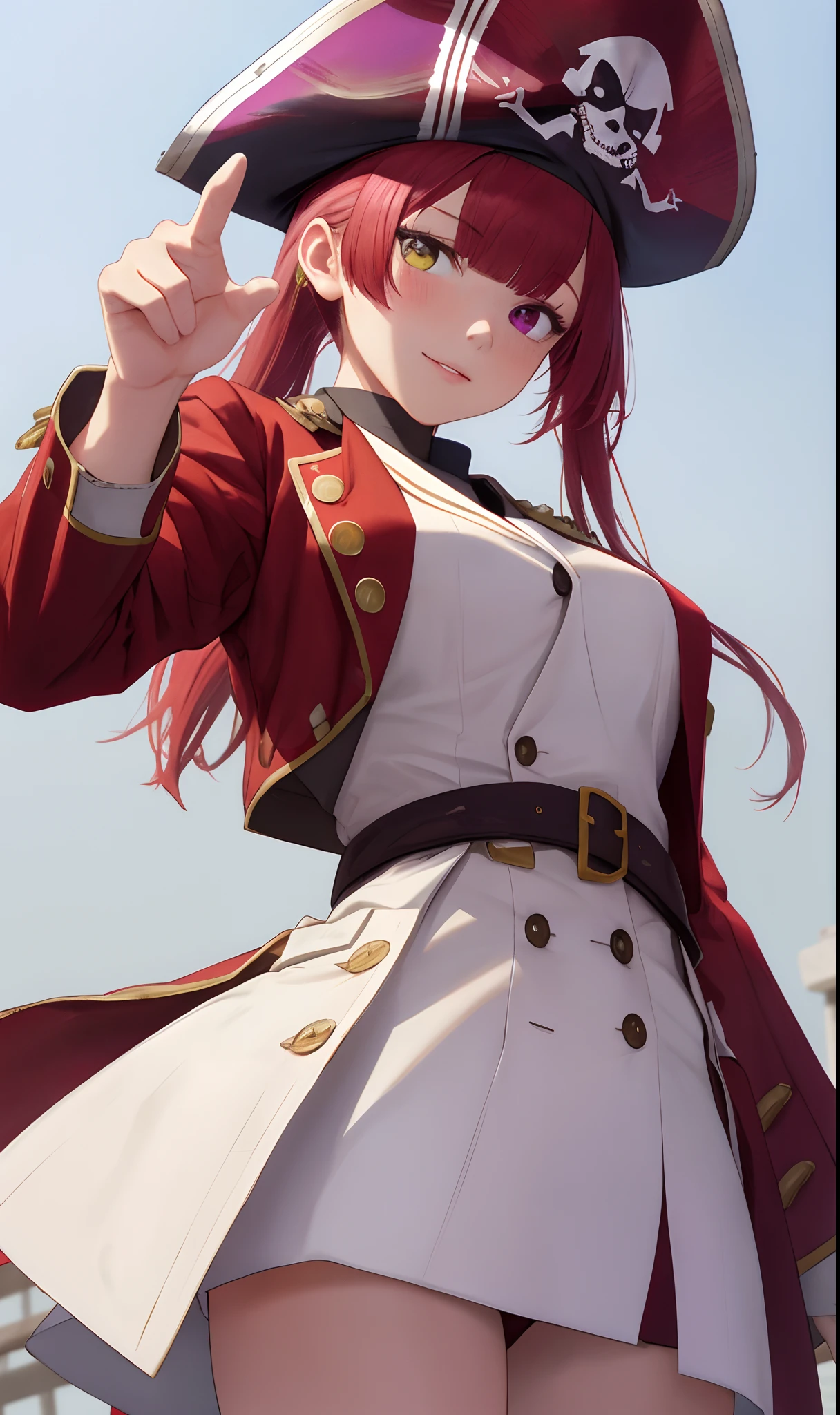 Pointing finger、Background white、Photorealsitic, hight resolution, 1 rapariga, Korea person, Heterochromia eyes, a purple eye、Blunt bangs、red hairs、1girl in, masutepiece,  Best Quality,  High quality, Marine, a pirate, Pirate Hat,